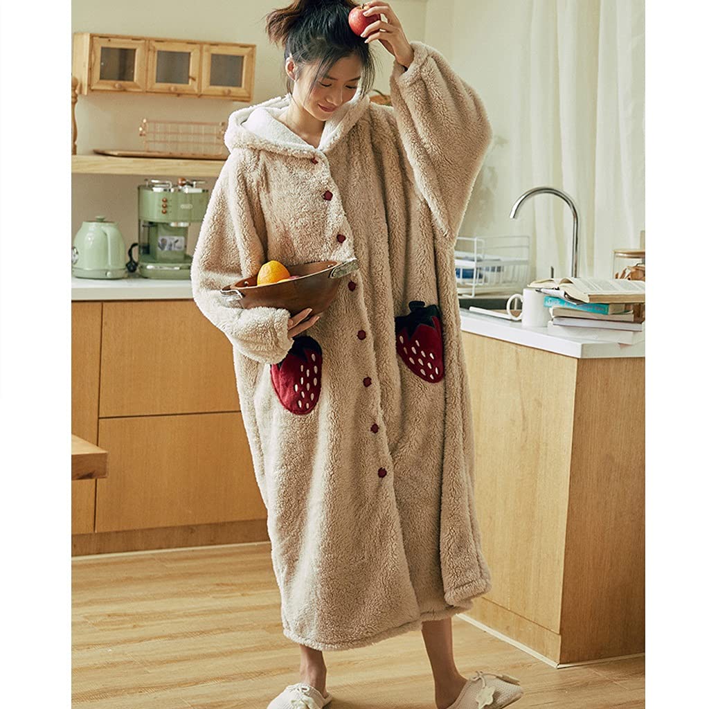 Soft Women's Bathrobe with Hood - Strawberry Coral Velvet Robe for Winter & Autumn | Cozy Homewear, Spa Wear & Lounge Dress for Relaxation