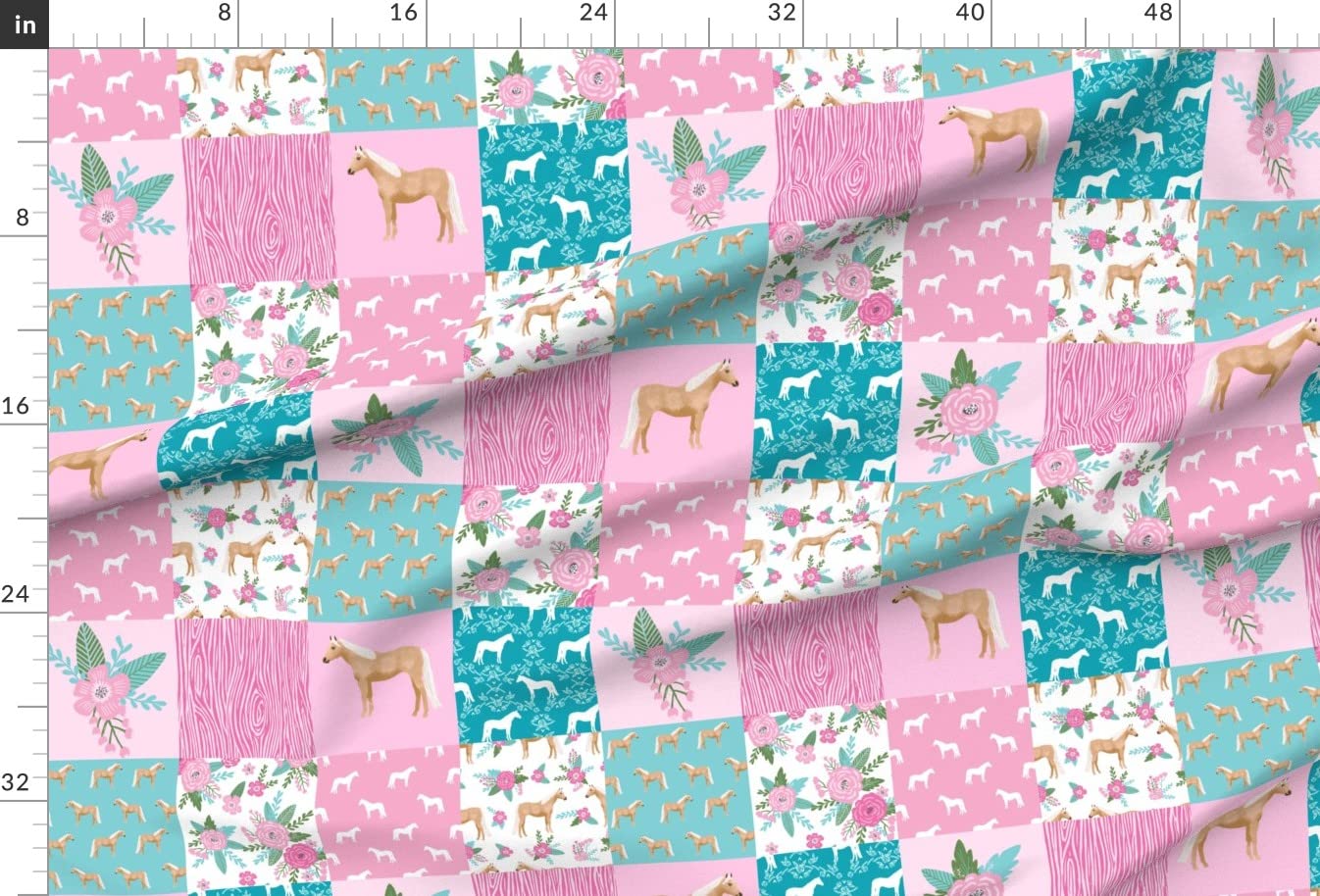 Premium Spoonflower Fabric - Horse Cheater Quilt Palomino Pink Aqua Floral Equestrian Design Printed on Soft Minky Fabric by The Yard - Perfect for Sewing Baby Blankets, Quilt Backing & Plush Projects | DIY Nursery Decor, Equestrian-Themed Bedding & Cozy Home Textiles