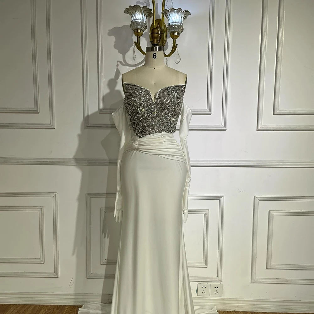 Elegant White Arabic Evening Gown with Crystal Beading - Luxury Dubai Formal Dress with Gloves for Weddings, Galas & Special Occasions LA72758