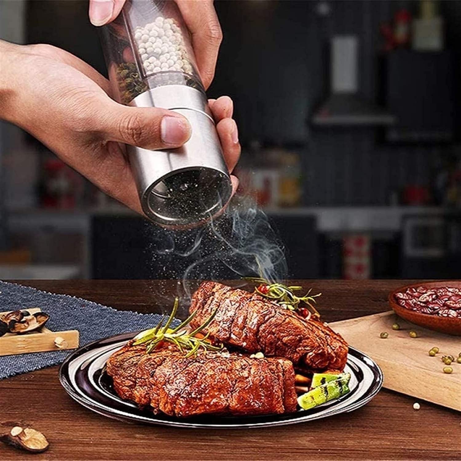 Premium Stainless Steel Salt and Pepper Grinder Set - 2-in-1 Adjustable Ceramic Mill with Clear Acrylic Chambers for Freshly Ground Spices, Herbs & Seasonings - Perfect for Kitchen, Dining Table & Outdoor Cooking