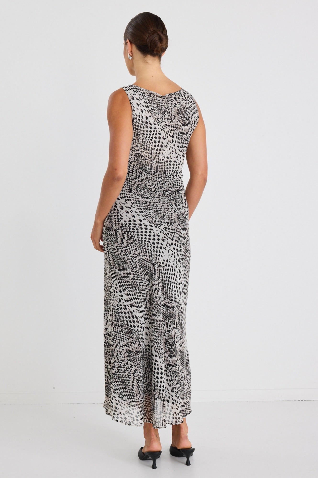 Allure Charcoal Snake Print Cowl Neck Bias Cut Slip Dress - Elegant Evening Wear for Parties, Dates & Special Occasions
