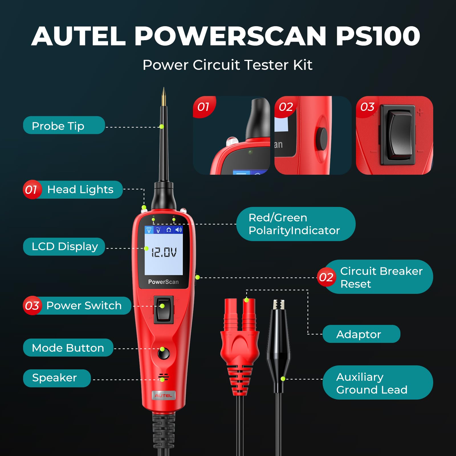 Autel PowerScan PS100 Automotive Circuit Tester 2025 - 12-24V Digital Multimeter with Relay & Diode Testing, 20FT Extra Cord for Electrical Short/Open Circuit Detection - Perfect for Car Repair, DIY Auto Diagnostics & Professional Mechanic Use