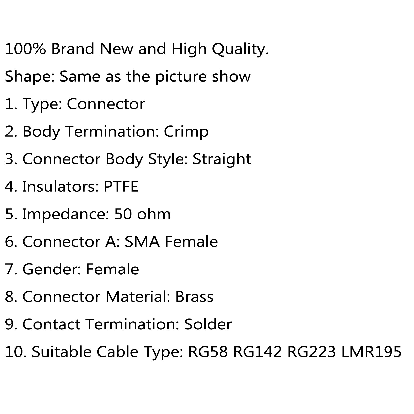 10Pcs SMA Female Jack RF Connector - Female Pin for RG58 RG142 RG400 LMR195 Cables - Perfect for Antenna, Radio, and Network Equipment Connections