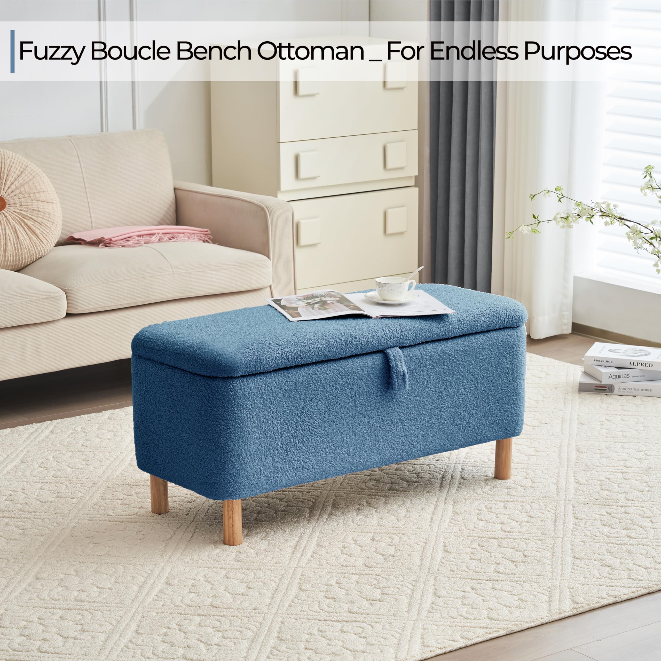 Boucle Storage Ottoman Bench with Sherpa Upholstery - Rectangle Shoe Storage Seat for Bedroom, Entryway & Living Room - Blue Padded Blanket Chest - Perfect for Bed Foot, Hallway Organization & Cozy Home Decor