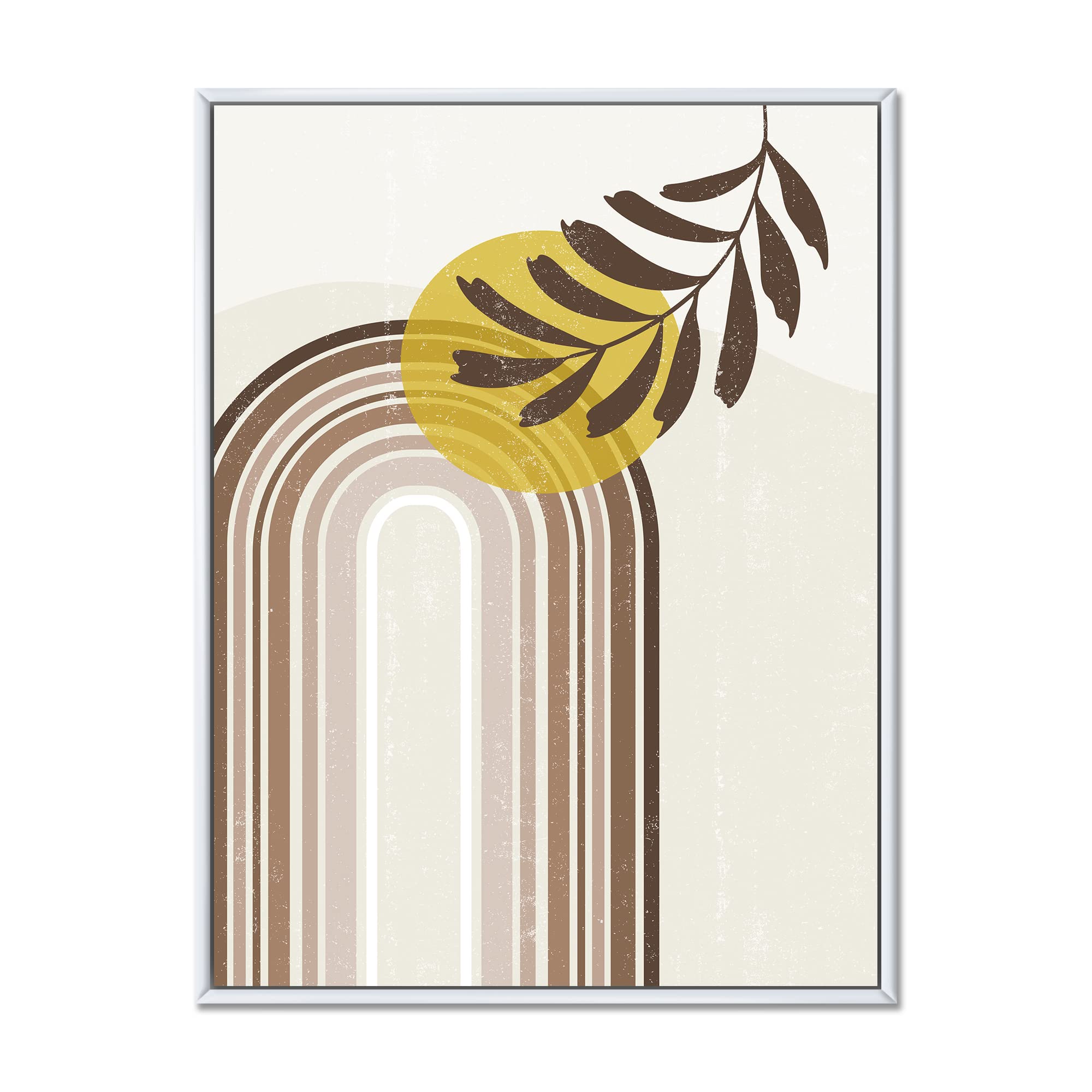 Abstract Sun and Moon With Leaf Earth Tone Framed Canvas Wall Art - Modern Home Decor for Living Room, Bedroom & Office