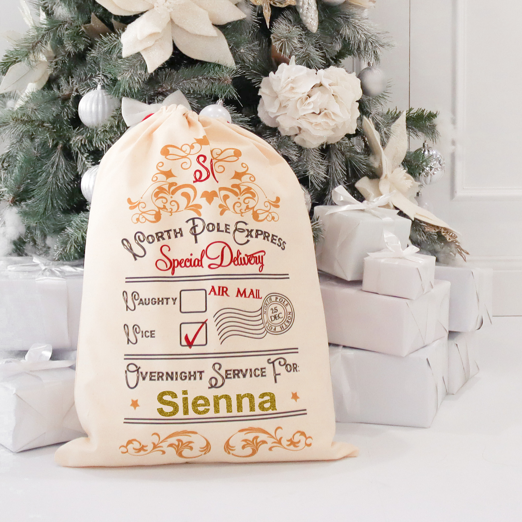 Personalized Santa Sack with Custom Name - Premium Vinyl Christmas Gift Bag for Kids & Adults | Perfect for Holiday Stockings, Secret Santa, and Festive Gift Giving