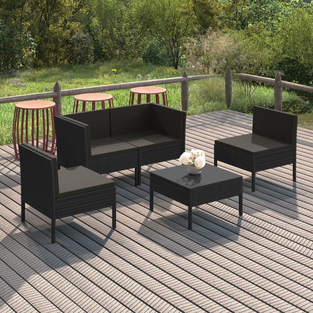 5-Piece Black Poly Rattan Patio Lounge Set with Cushions - Durable Outdoor Furniture for Garden, Deck & Poolside - Perfect for Relaxing, Entertaining & Sunbathing