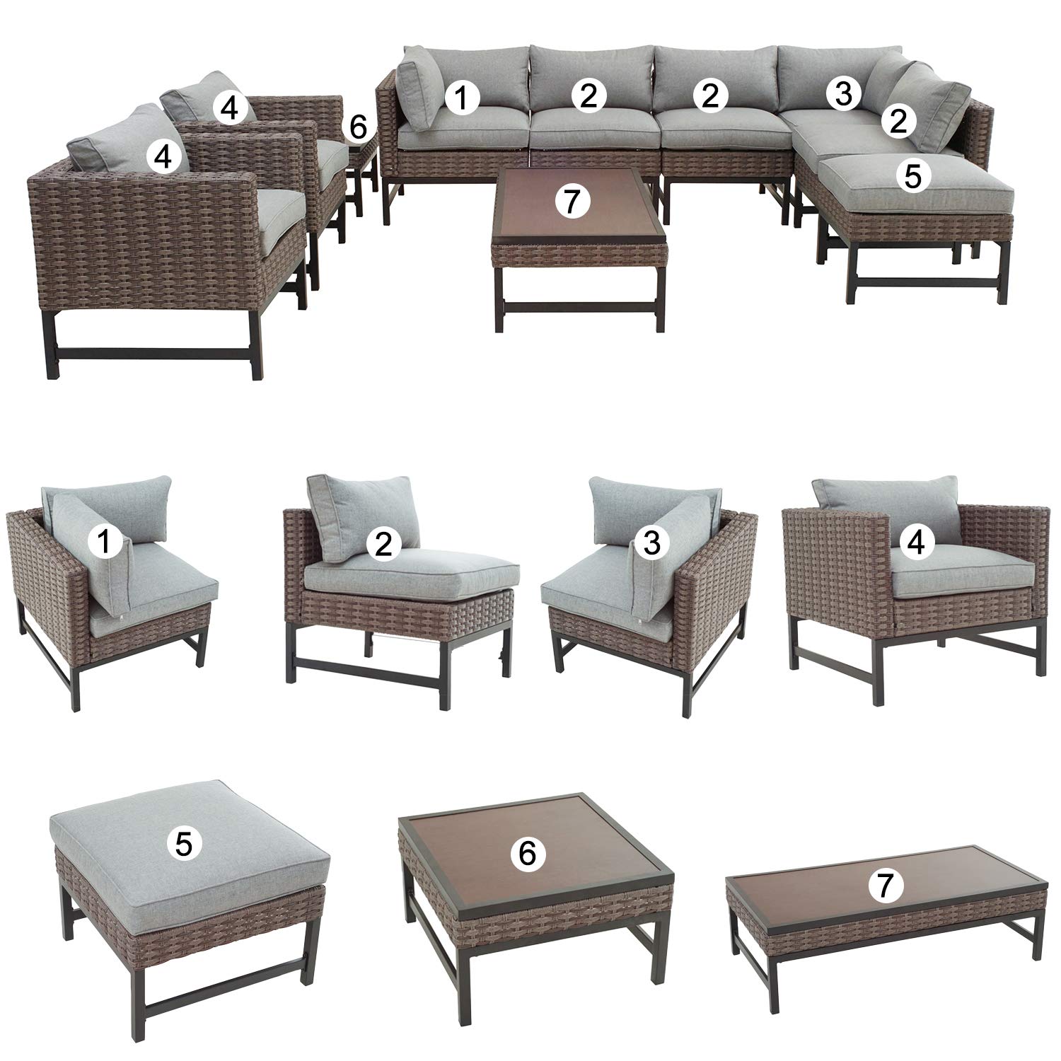 10-Piece Patio Conversation Set with Sectional Corner Sofa, Cushioned Chairs, Coffee Table & Ottoman - Gray Outdoor Furniture for Garden, Poolside & Backyard Relaxation