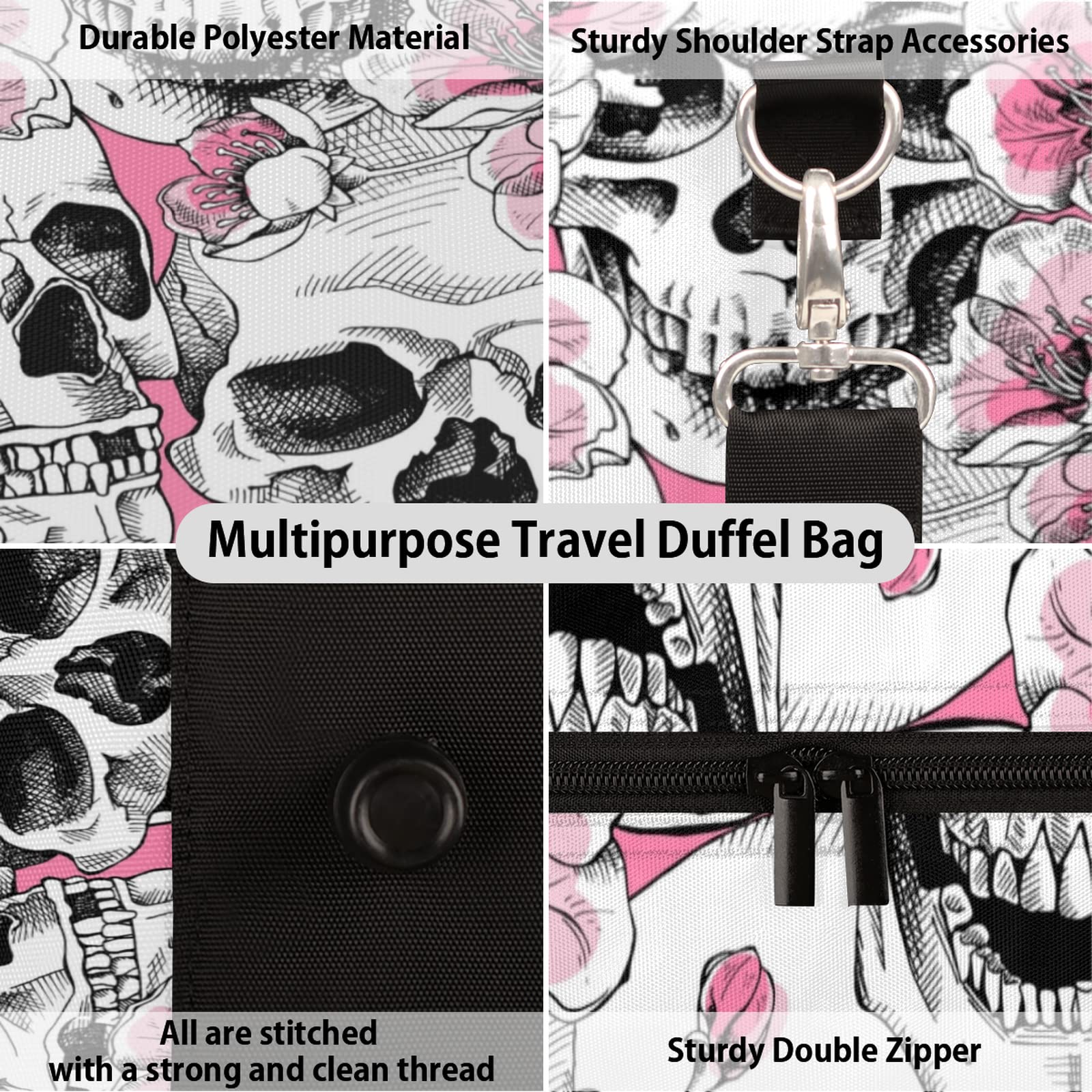 Day of the Dead Skull & Cherry Blossom Print Waterproof Travel Duffel Bag - Gym Sports Weekender Overnight Carry On Tote for Men & Women - Perfect for Gym, Travel, Beach & Weekend Getaways
