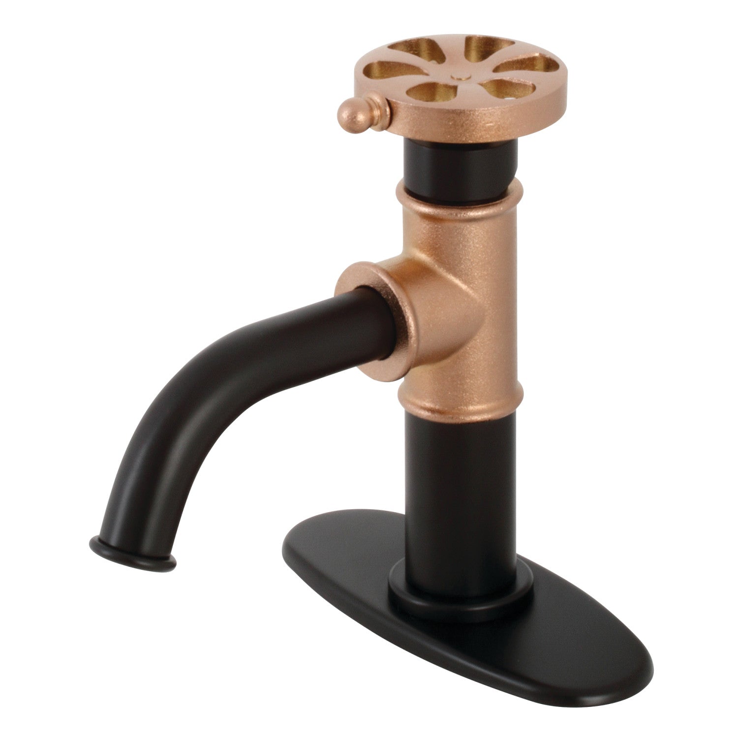 Belknap KSD2827RX Single Handle 1-Hole Bathroom Sink Faucet with Deck Plate & Push Pop-Up Drain - Matte Black & Rose Gold Finish for Modern Bathroom Upgrade