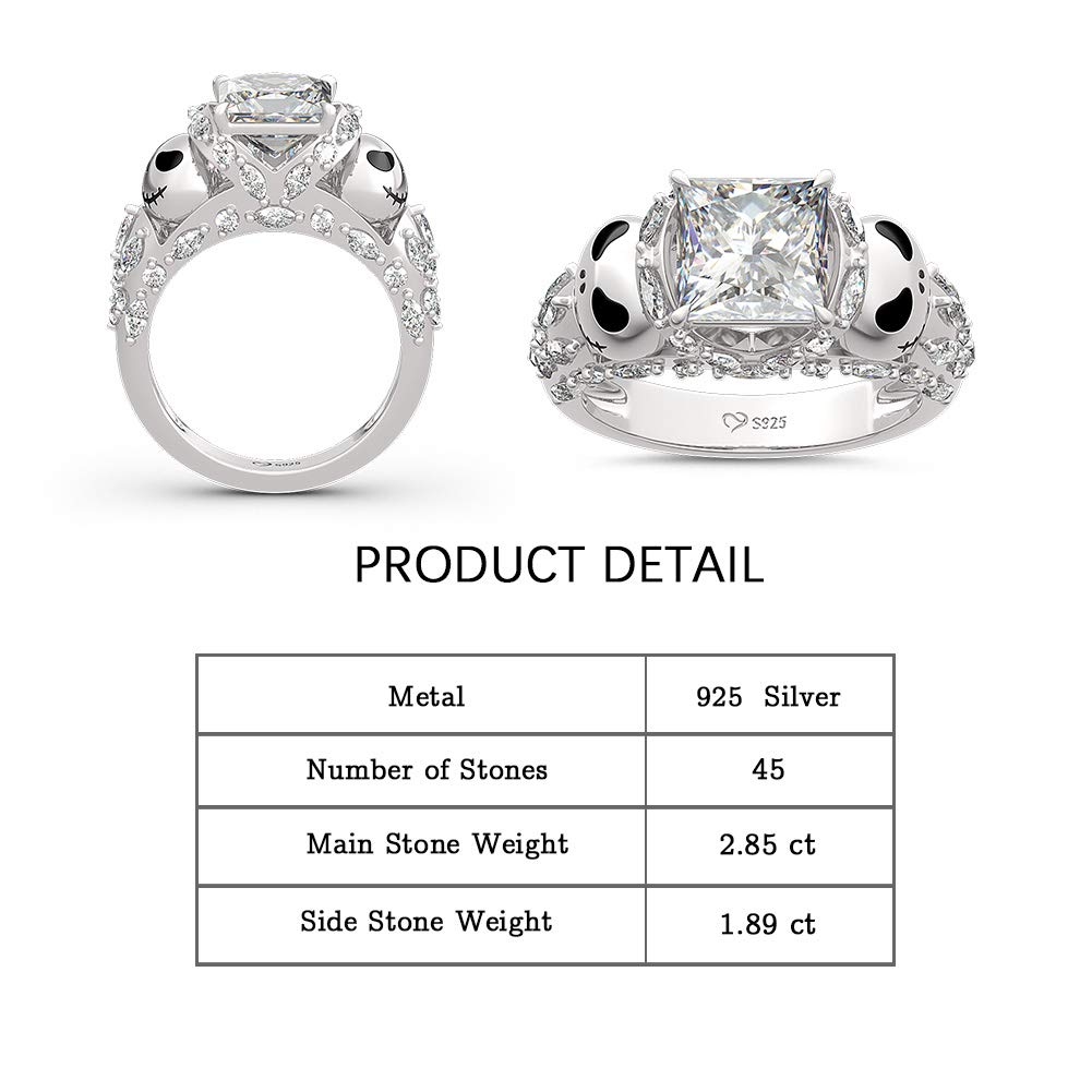 Jeulia 925 Sterling Silver Jack Skull Ring for Women - Nightmare Before Christmas Inspired Princess Cut Band Ring - Anniversary, Promise & Romantic Christmas Gift for Her - Perfect for Halloween, Cosplay & Gothic Fashion