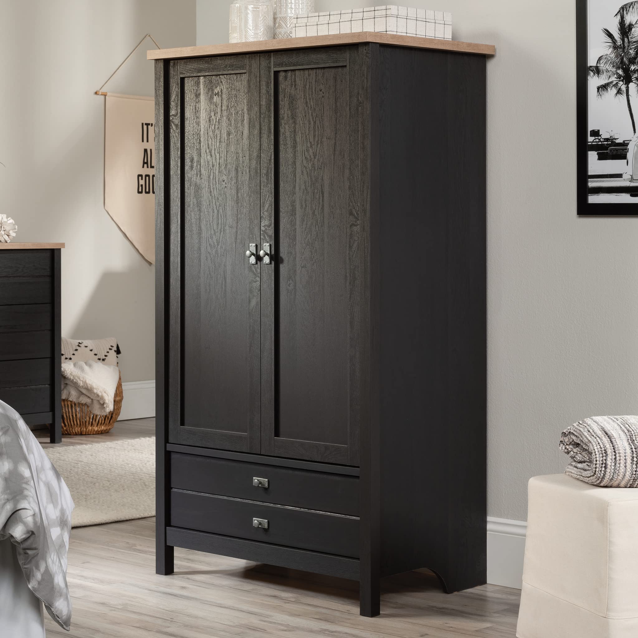 Sauder Cottage Road Wardrobe Armoire Cabinet with Raven Oak Finish - Stylish Storage for Bedroom, Closet & Home Organization