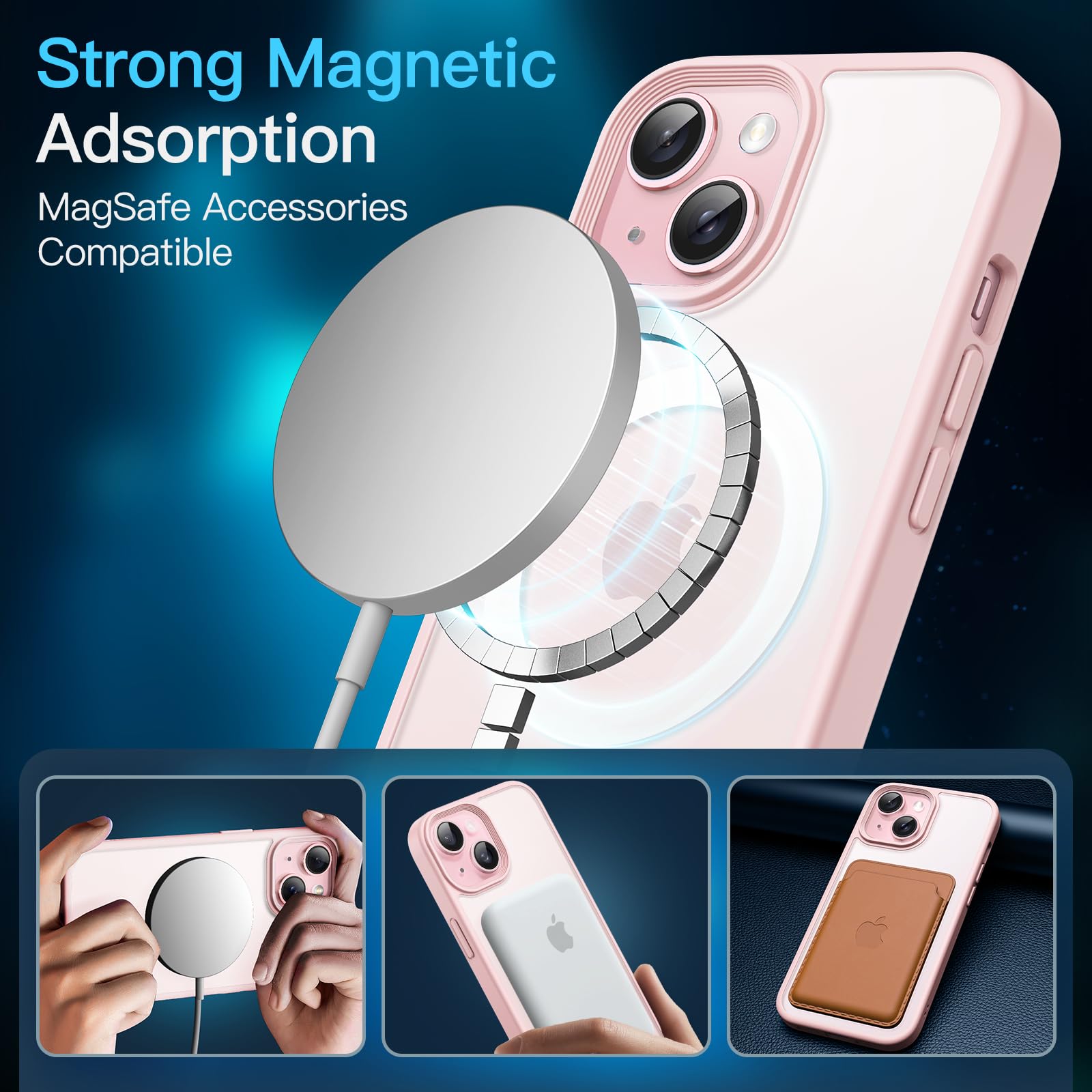 JETech 3 in 1 Magnetic Case for iPhone 15 6.1-Inch | Compatible with MagSafe | 2 Pack Tempered Glass Screen Protectors | Translucent Matte Shockproof Phone Cover (Pink) | Perfect for Everyday Protection & Wireless Charging