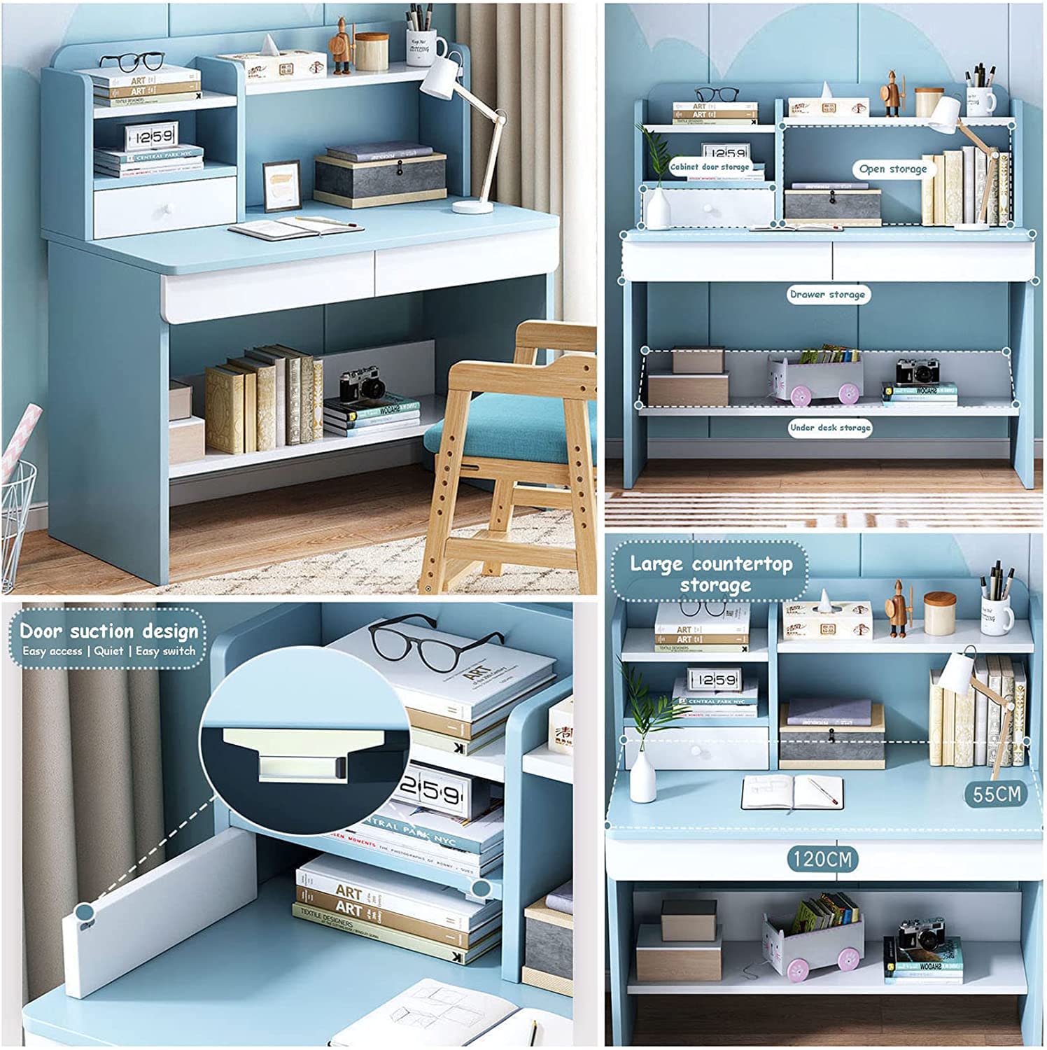 Adorable Wooden Study Desk and Chair Set with Hutch Drawers - Kids School Desk, Computer Workstation & Writing Table for Boys & Girls - Perfect for Homeschooling, Online Learning & Home Office Use