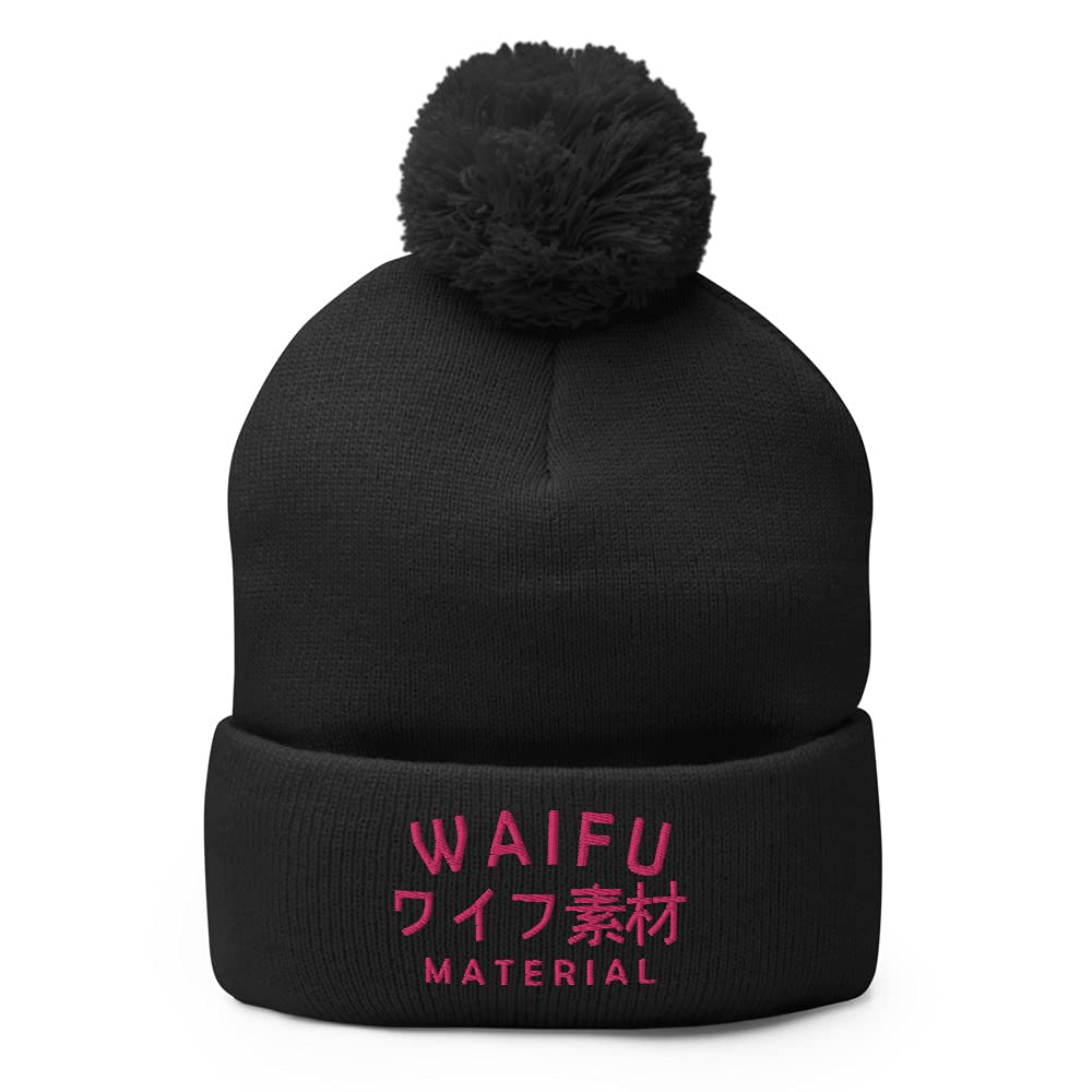 Waifu Material Anime Wife Japanese Kanji Phrase Pom-pom Beanie - Cute Winter Hat for Cosplay, Anime Conventions & Kawaii Fashion