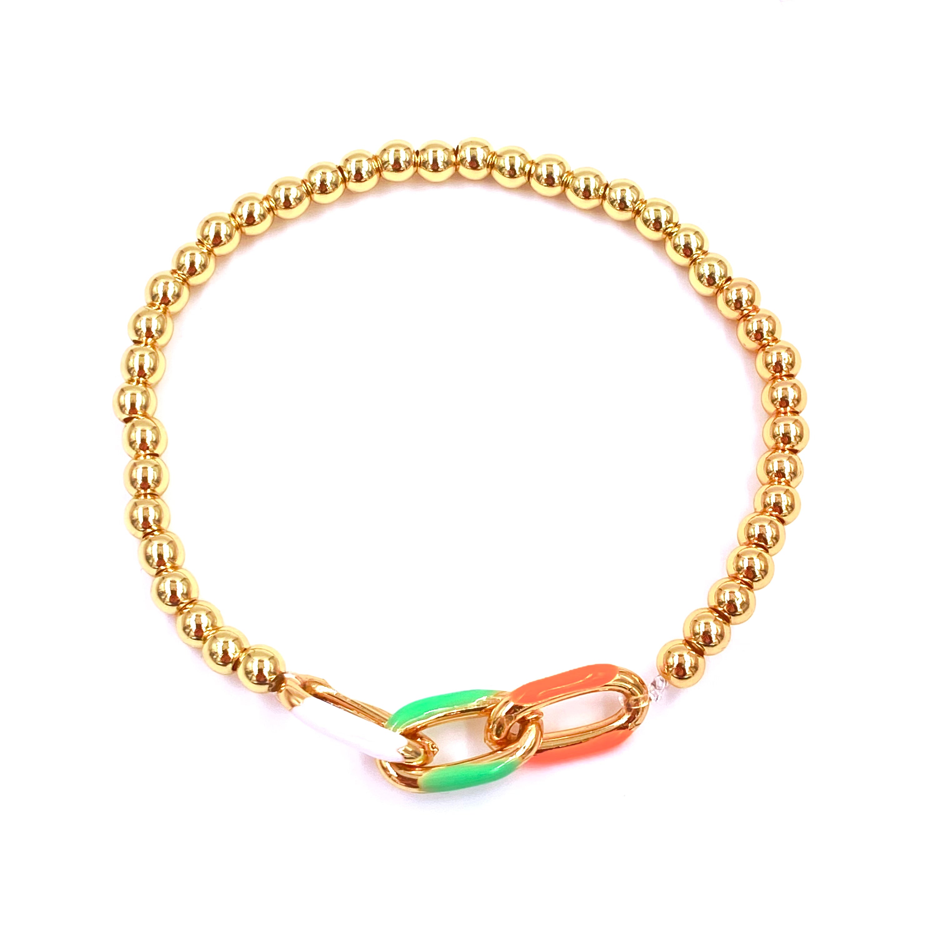 Ashley Gold Stainless Steel 4mm Gold Plated Enamel Link Chain Stretch Beaded Bracelet for Women - Perfect for Parties, Weddings & Everyday Wear