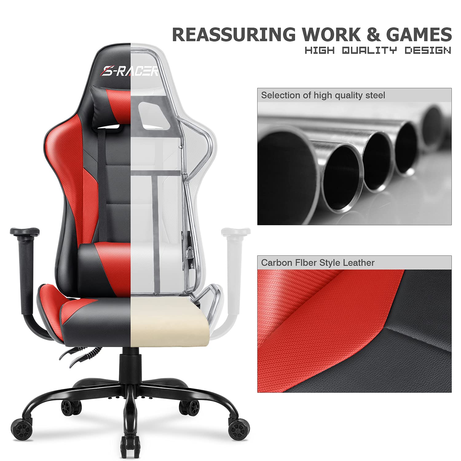 Homall High Back Gaming Office Chair - Ergonomic PU Leather Computer Desk Chair with Adjustable Height, Headrest & Swivel for Adults - Perfect for Gaming, Work & Home Office (Red)