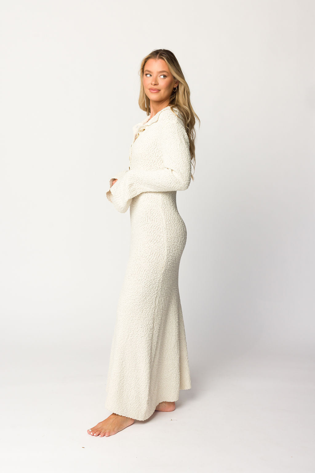 Courtney Boucle Maxi Shirt Dress in Cream - Nursing Friendly Maternity Dress for Women | Elegant Long Sleeve Button Down Dress for Pregnancy, Nursing & Everyday Wear