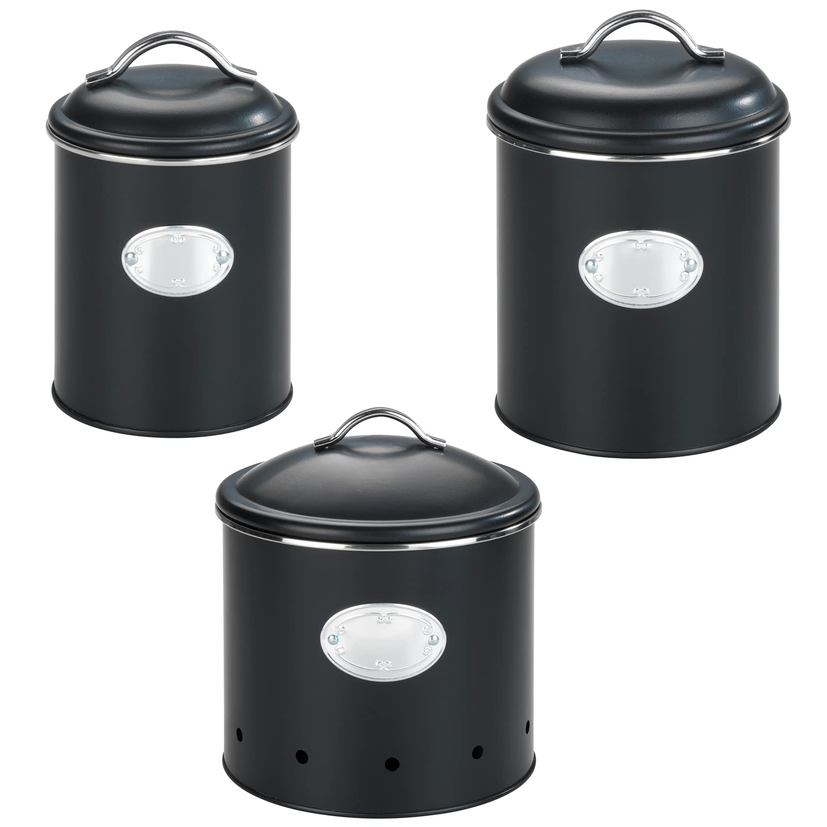 WENKO Airtight Storage Containers Set of 3 - Metal Food Storage Boxes with Lids for Onion, Garlic & Potato (3 Sizes, Black Lacquered) - Perfect for Kitchen Pantry Organization & Fresh Food Preservation