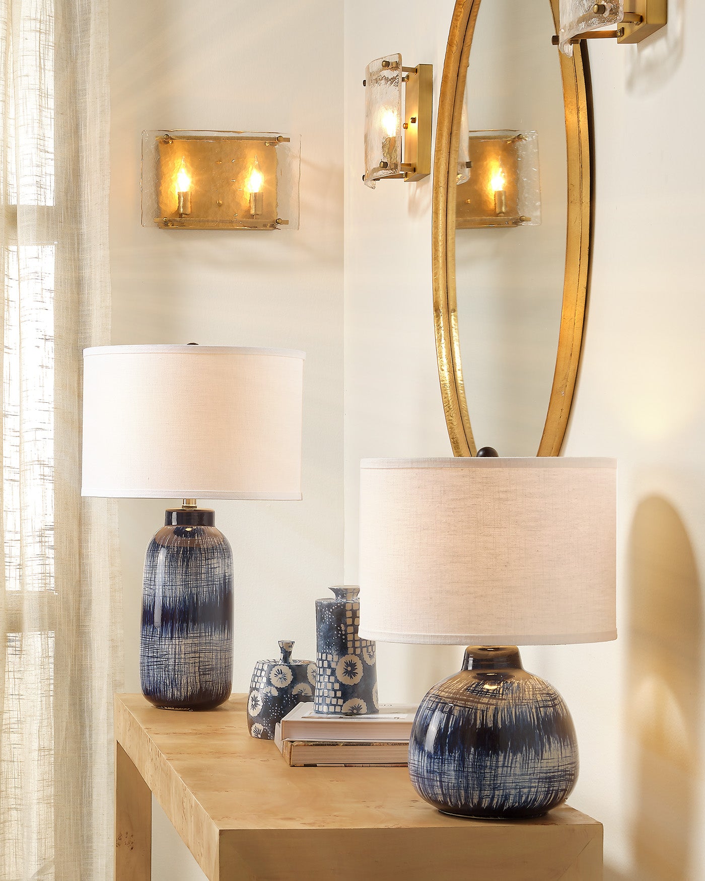 Handmade Batik Table Lamp - Blue & White Ceramic Base, Small Nightstand Light for Bedroom, Living Room, or Office Decor