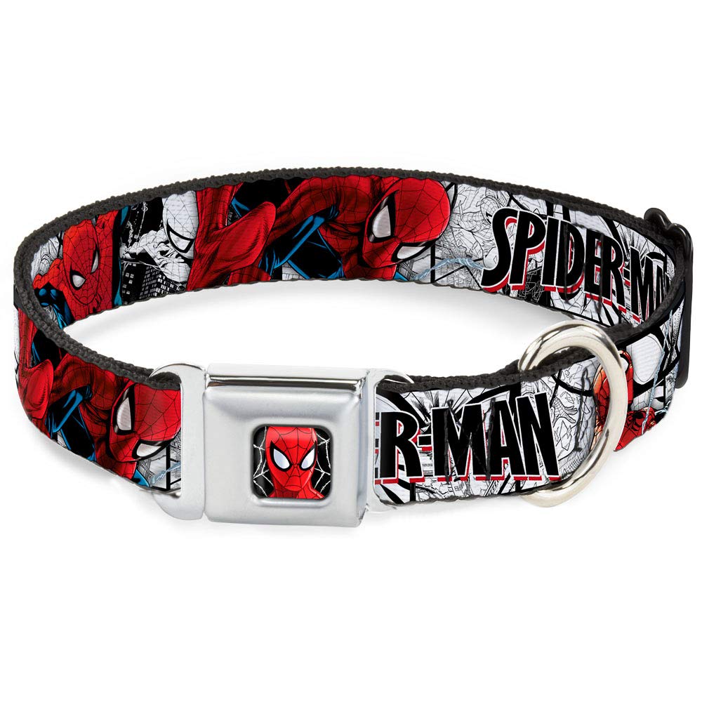 Spider Man Dog Collar with Seatbelt Buckle - 18 to 32 Inches Adjustable Pet Collar - 1.5 Inch Wide Nylon Dog Collar for Small Medium Large Dogs - White Black Red Comic Design - Perfect for Cosplay, Comic Con & Superhero Themed Events