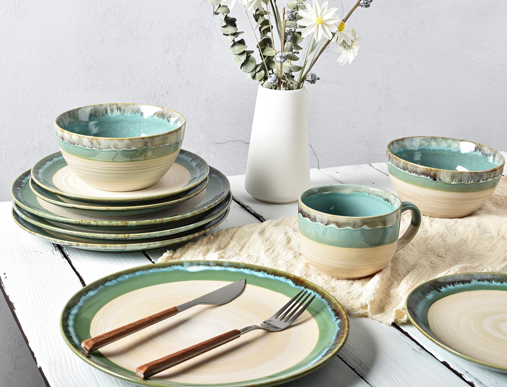 Bosmarlin 12-Piece Stoneware Dinnerware Set for 4 - Microwave & Dishwasher Safe Ceramic Plates & Bowls with Reactive Turquoise Green Glaze | Elegant Table Setting for Family Dinners & Entertaining