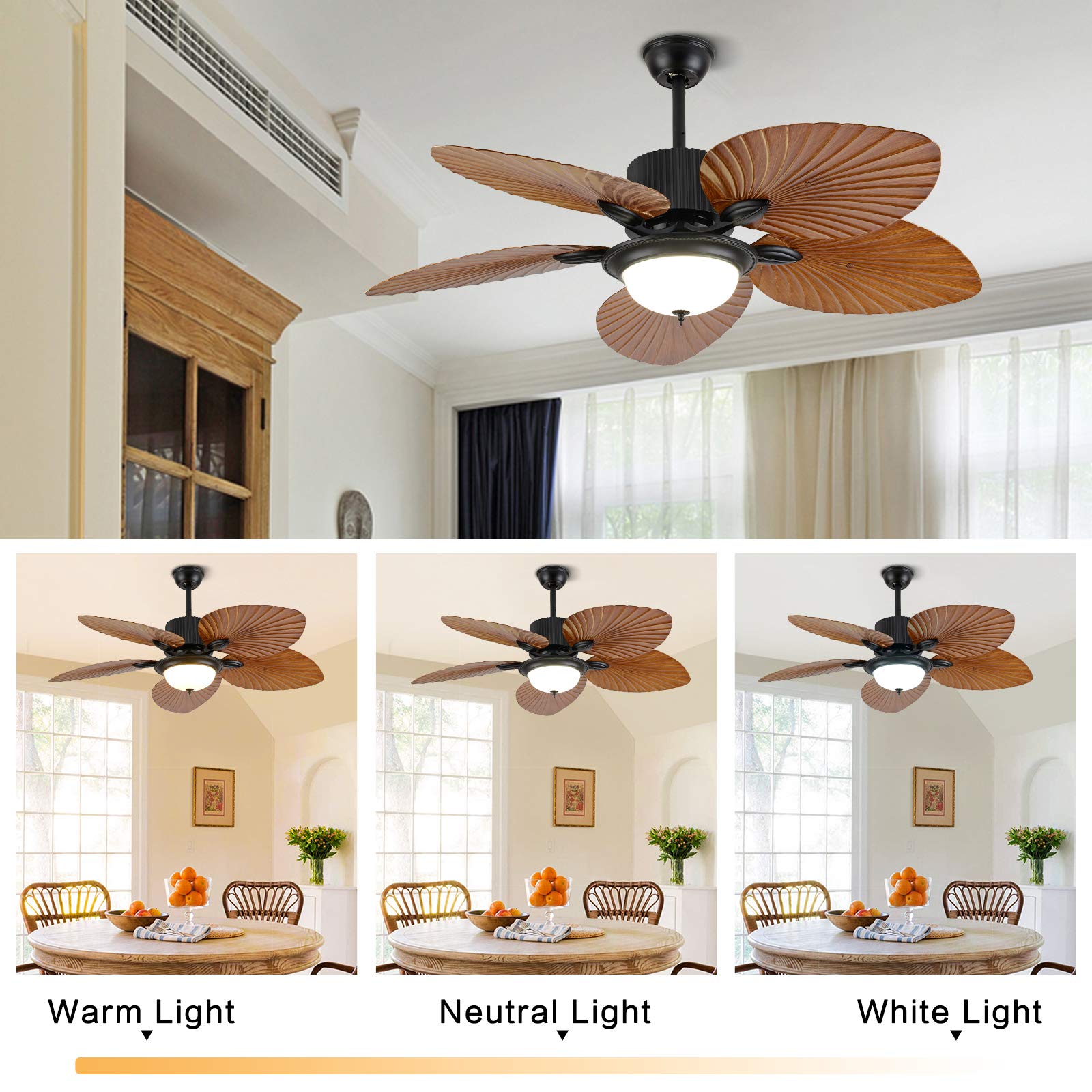 Eapmic 52 Inch Tropical Ceiling Fan with Sunset Bowl Light - 5 Hand Carved Wooden Leaf Blades - Outdoor/Indoor Use for Bedroom, Dining Room, Patio, Porch - Perfect for Coastal, Beach House & Tropical Decor Styles