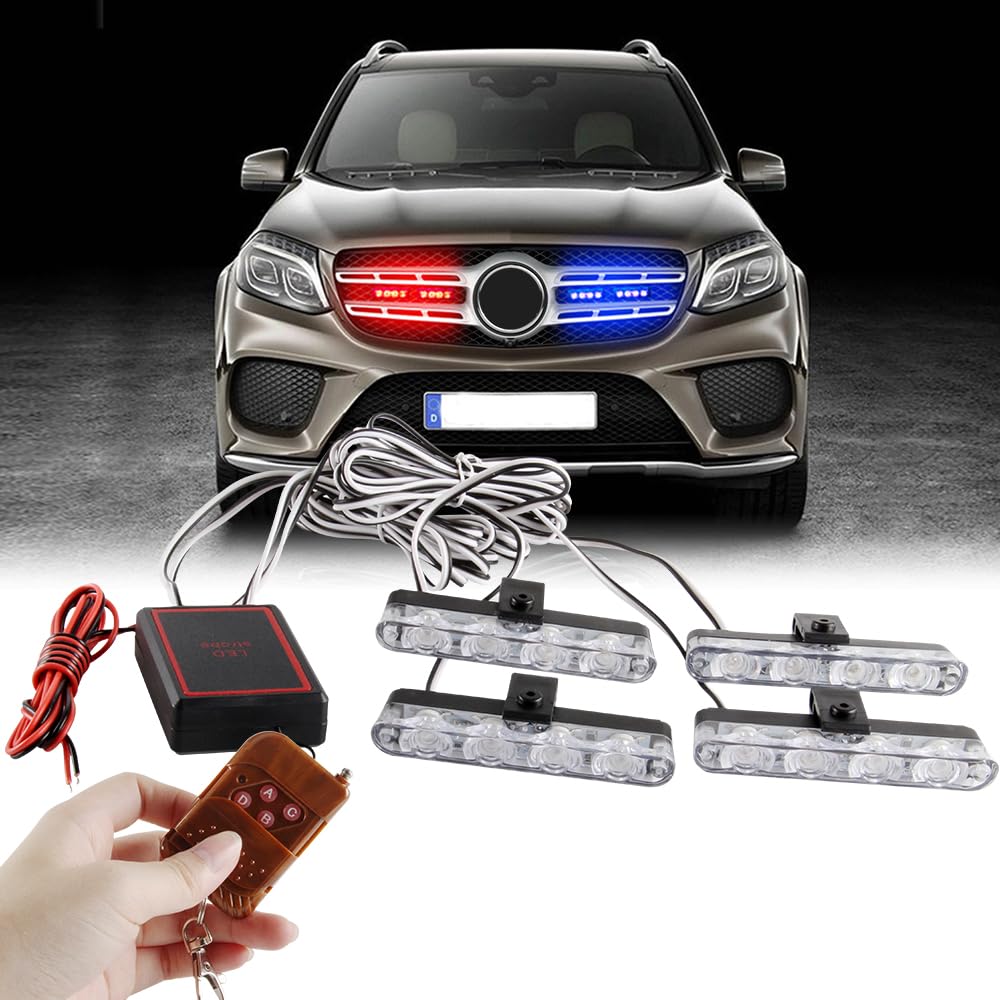 4-in-1 Red & Blue Emergency Strobe Lights for Vehicles - 12V Police Lights with 16 Flashing Patterns & Wireless Remote Control - Ideal for Cars, Trucks, Vans & SUVs (Emergency Warning, Roadside Assistance, Security Patrols)