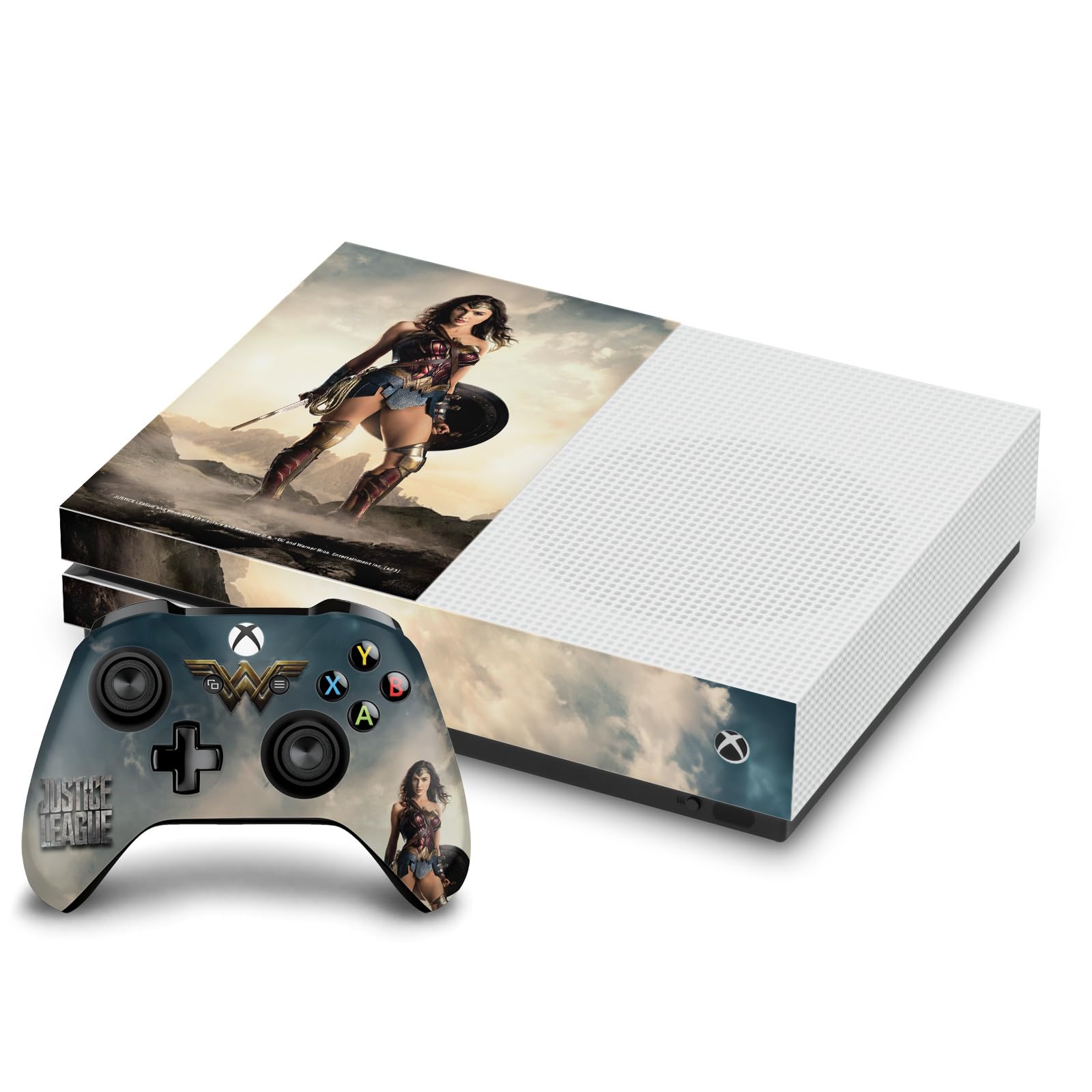 Official Justice League Movie Poster Wonder Woman Logo & Character Art Vinyl Sticker - Compatible with Xbox One S Console & Controller Bundle - Gaming Skin Decal for Enhanced Aesthetics & Personalization - Perfect for Gamers & Superhero Fans