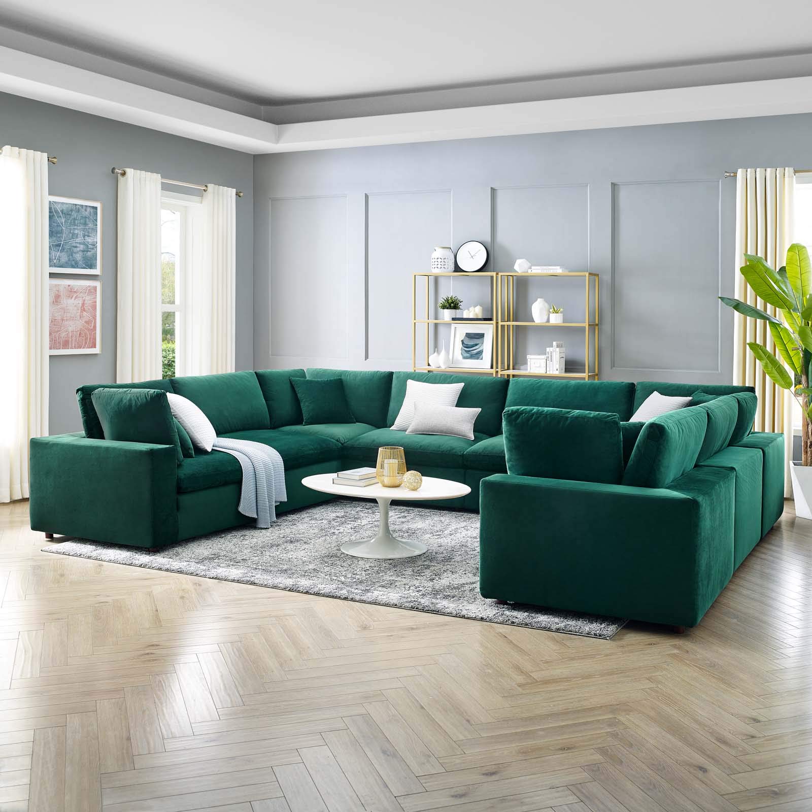 Modway Commix Down Filled Overstuffed Performance Velvet 8-Piece Sectional Sofa in Green | Luxurious Comfort for Living Room, Family Room & Lounge Areas