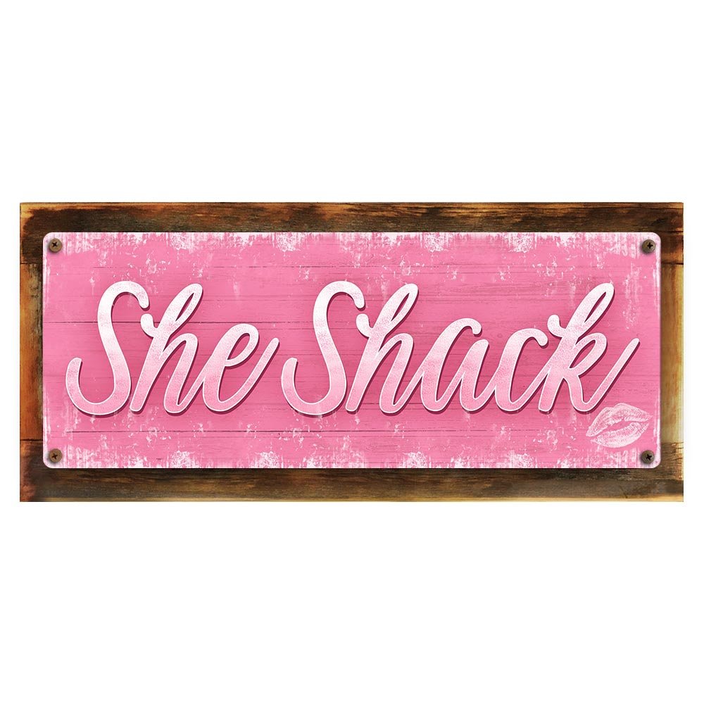 Pink She Shack Metal Sign - Framed & Sun Protected 4”x12” - Kiss & Lipstick Design - Perfect for Woman Cave, She Shed & Rustic Décor - Ideal for Home, Office or Gift Giving