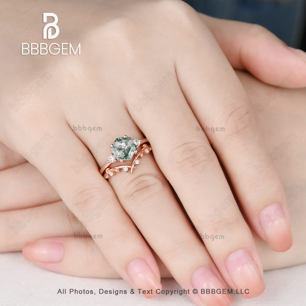 Hexagon Cut Moss Agate Ring Set - Rose Gold 3 Stone Moissanite Engagement Ring for Women | Wedding, Anniversary, Promise Gift Idea