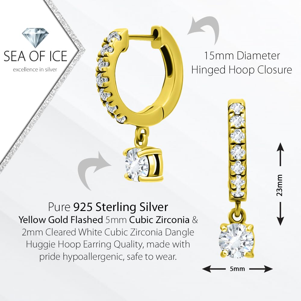 Sea of Ice Sterling Silver Gemstone Birthstone Month Colors & White CZ Dangle Huggie Hoop Earrings – 15mm 925 Silver Mini Hoop Earrings for Women – Comfortable Lightweight Huggie Earrings – Perfect for Everyday Wear, Gifts & Special Occasions