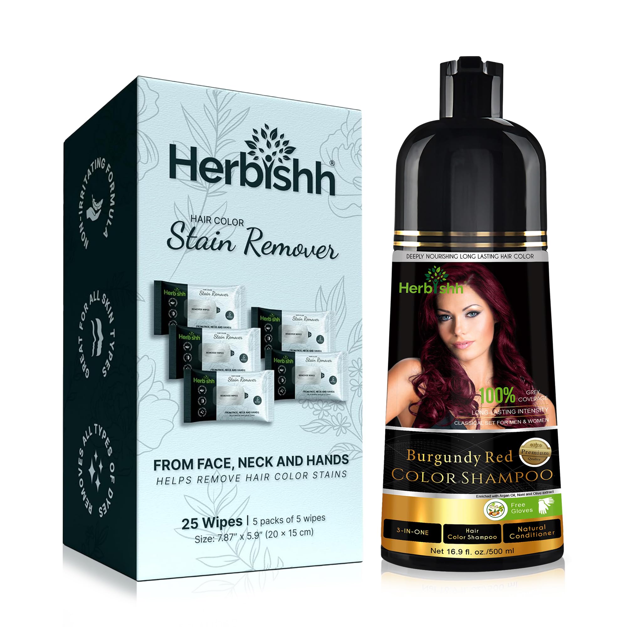 Herbishh Burgundy Hair Color Shampoo for Gray Hair - 500ml with Color Stain Remover Wipes | Natural Hair Dye for Women & Men | At-Home Hair Coloring Solution for Vibrant, Long-Lasting Color