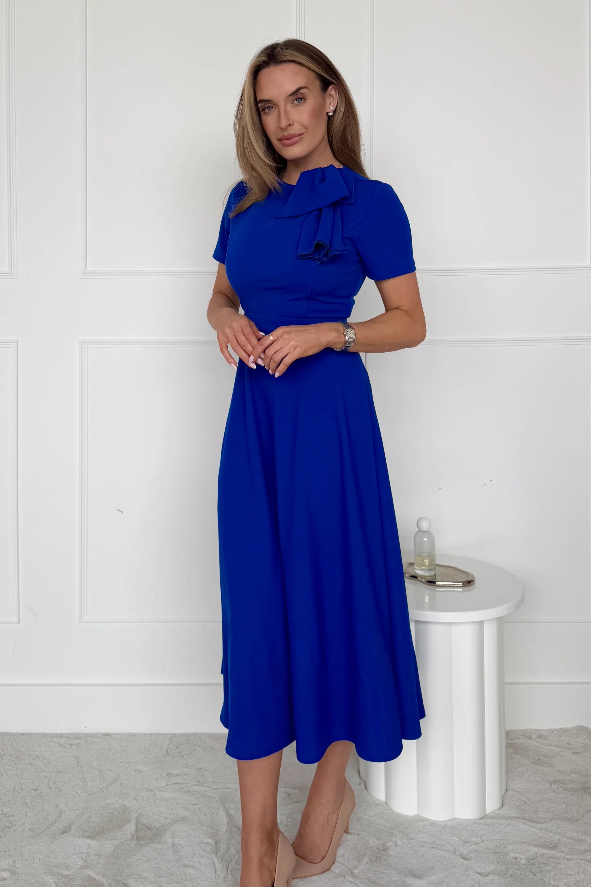 Minta Bow Detail Midi Dress for Women - Elegant Cobalt Blue Flowy Summer Dress for Weddings, Parties & Date Nights