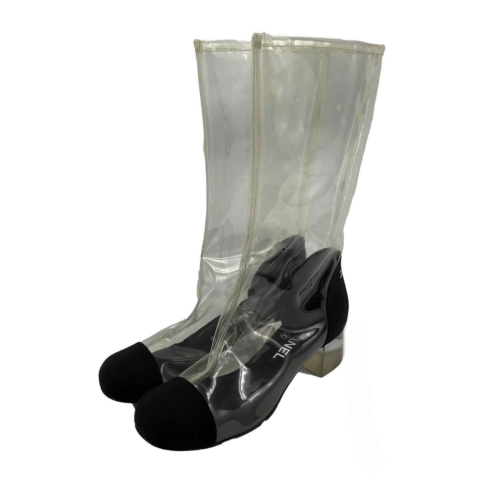 Chanel 18S Capped Toe CC Logo PVC Mid-Calf Boots - Women's Size 38 (US 8) - Fashionable Knee-High Boots for Fall & Winter Outfits, Office Wear & Evening Occasions