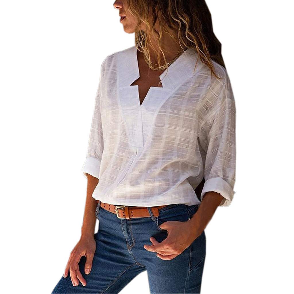 Posijego Women's White Linen Cotton V-Neck Long Sleeve Blouse - Casual Summer & Fall T-Shirt for Women | Perfect for Office, Date Night & Weekend Outings