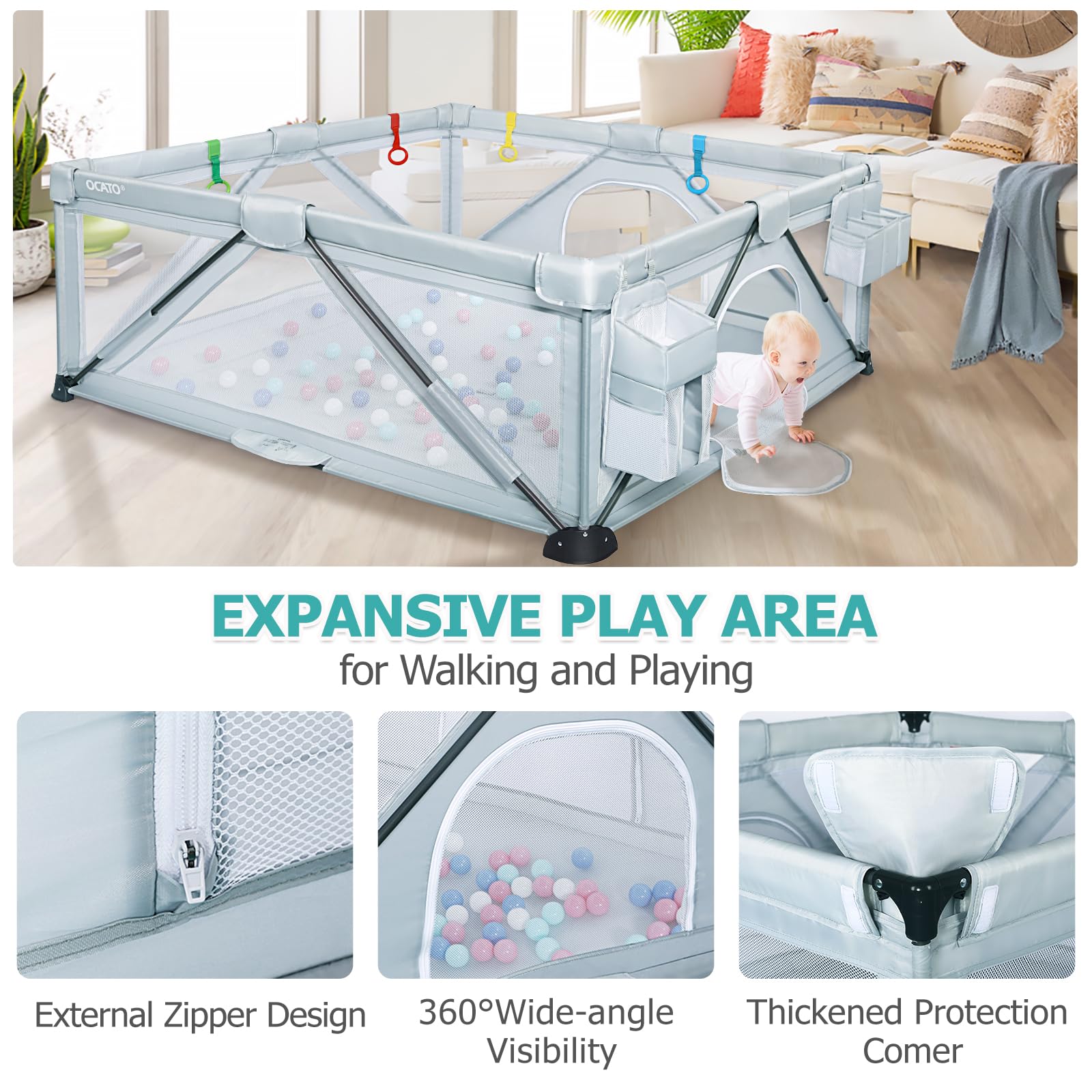 Foldable Baby Playpen for Toddlers - Large Portable Play Yard with 2 Storage Bags & 50 Balls (59
