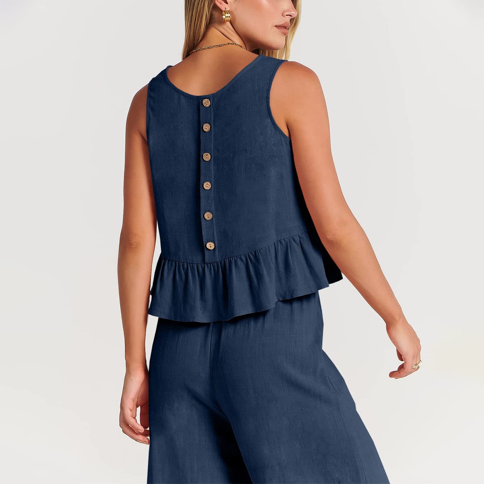 Women's 2 Piece Outfit Set - Summer Cotton Linen Sleeveless Blouse & Shorts | Casual Floral Print Tracksuit | Clubwear & Beachwear | Dark Blue Size M | Breathable & Comfortable for Outdoor Activities