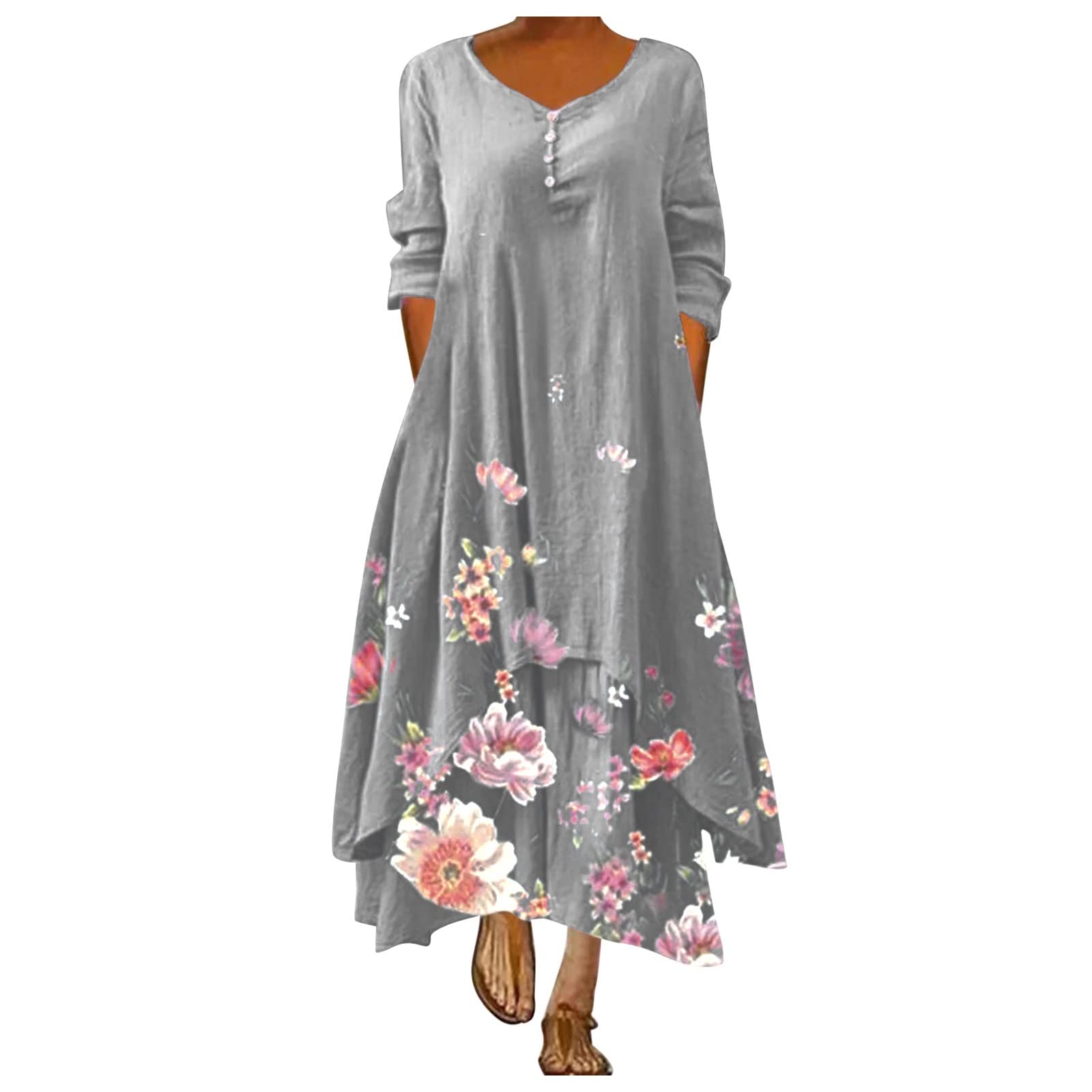 Anjikang Women's Cotton Linen Button Down T-Shirt Dress - Casual Floral Print Crewneck Long Sleeve Maxi Dress for Spring Summer Outfits, Beach Cover Up & Boho Chic Style