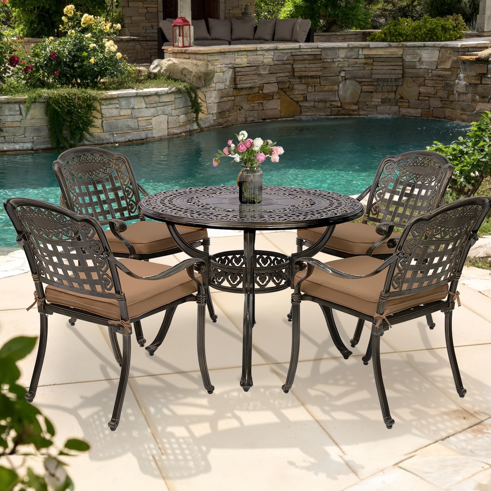 5-Piece All-Weather Outdoor Patio Dining Set - Cast Aluminum Garden Furniture with 4 Chairs, 4 Cushions & 38.5