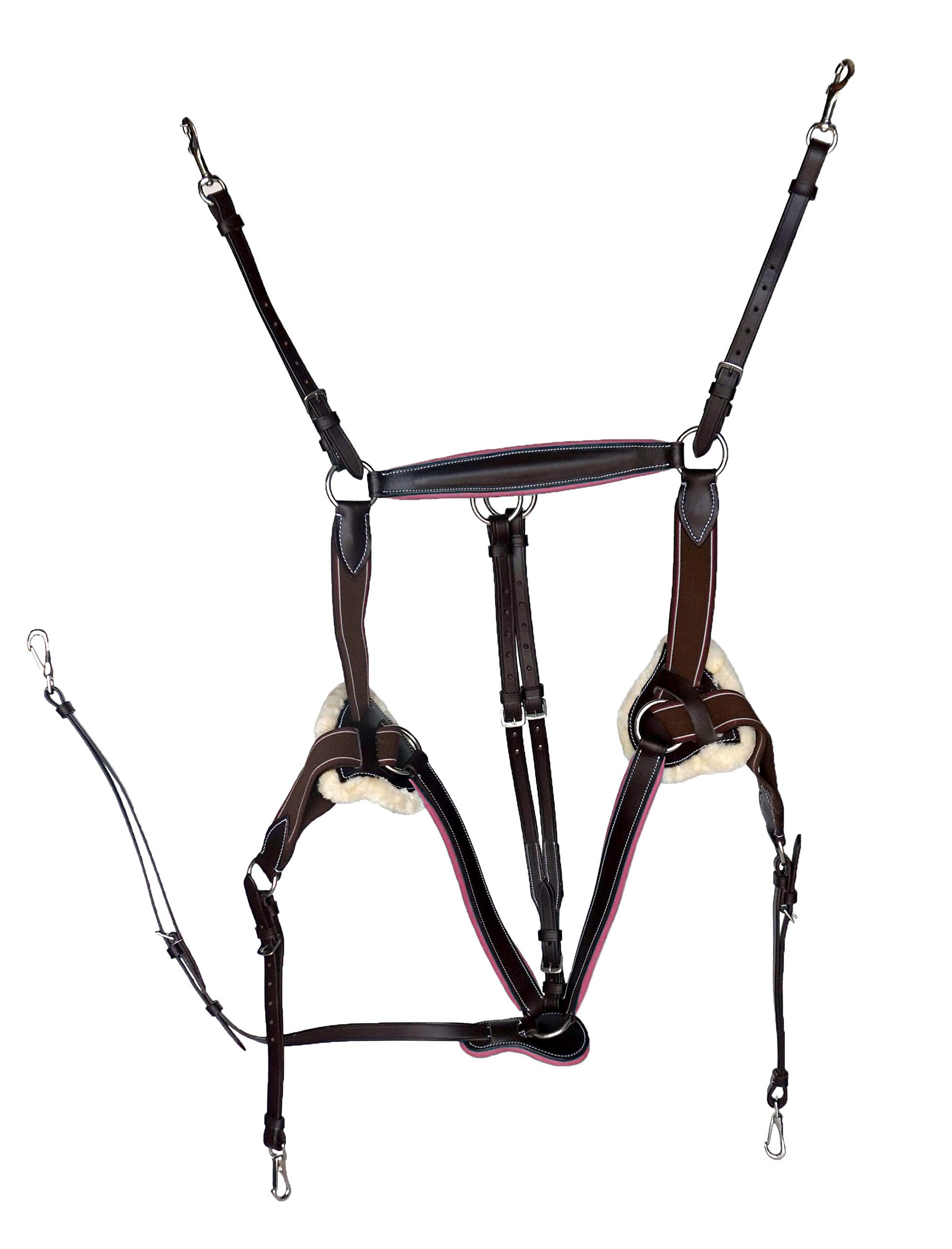 Premium Leather Horse Breastplate Size 5 with 5-Point Elastic & Running Attachment - Dark Brown with Pink Trim | Durable Equestrian Gear for Training, Jumping & Trail Riding