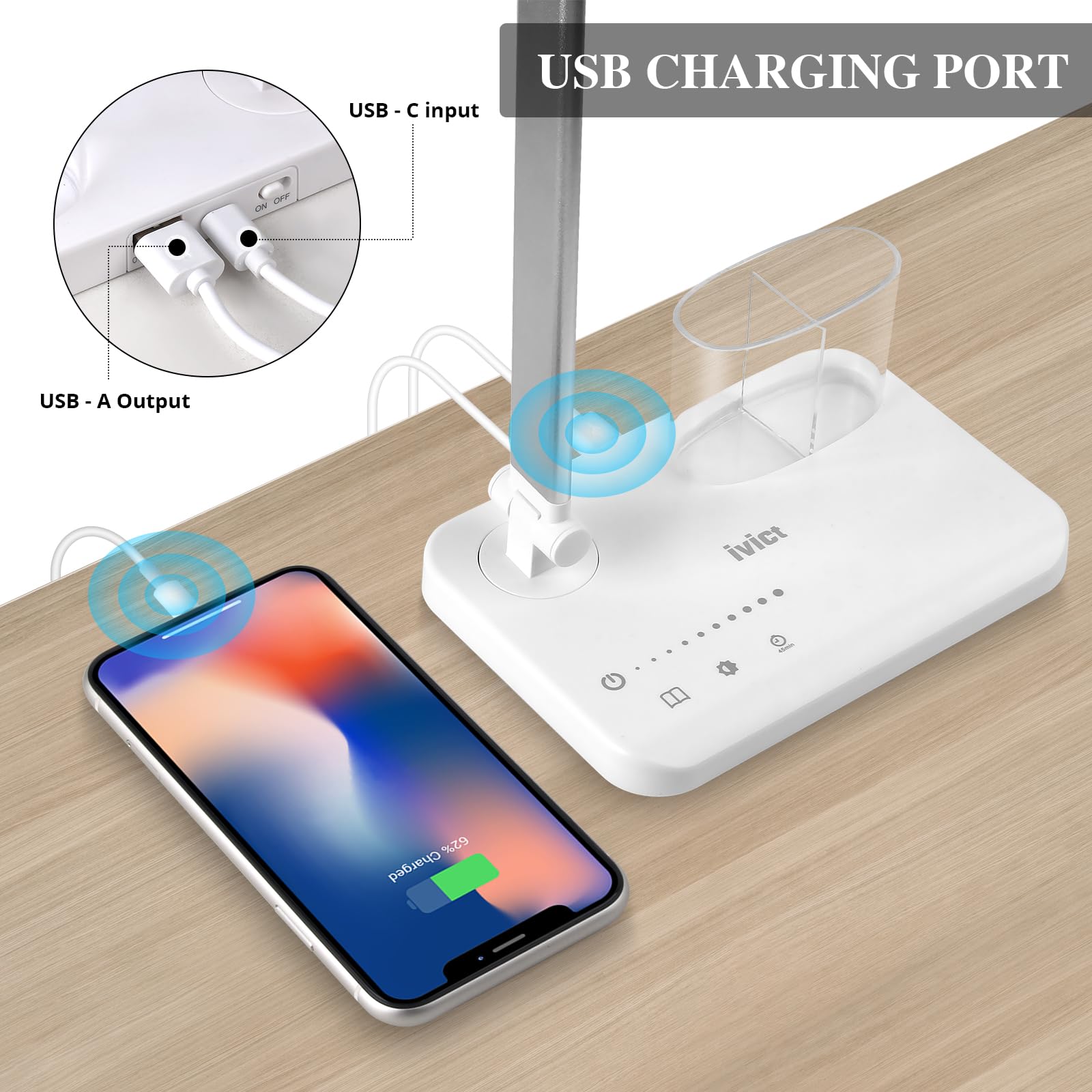 iVict Dual Swing Arm LED Desk Lamp - 5 Light Modes & 10 Brightness Levels with USB Charging Port, 45-Min Auto Timer | Adjustable Table Lamp for Home Office, Bedroom, Reading & Study | Perfect for Night Work, Online Classes & Crafting