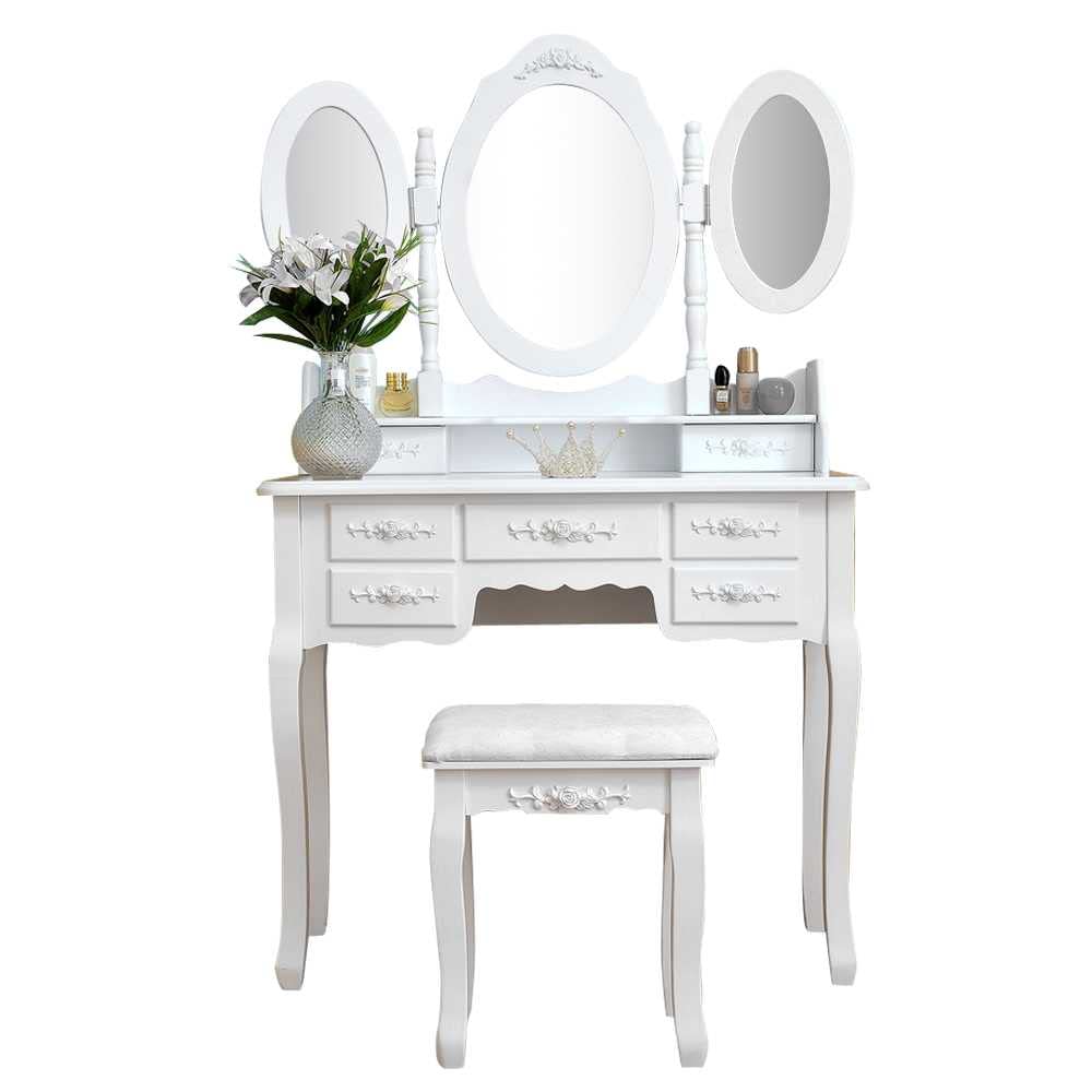 Elegant White Vanity Desk with Tri-Folding Mirror & Cushioned Stool - 7-Drawer Makeup Dressing Table for Women & Girls | Perfect for Bedroom, Dorm Room, and Beauty Salon Organization