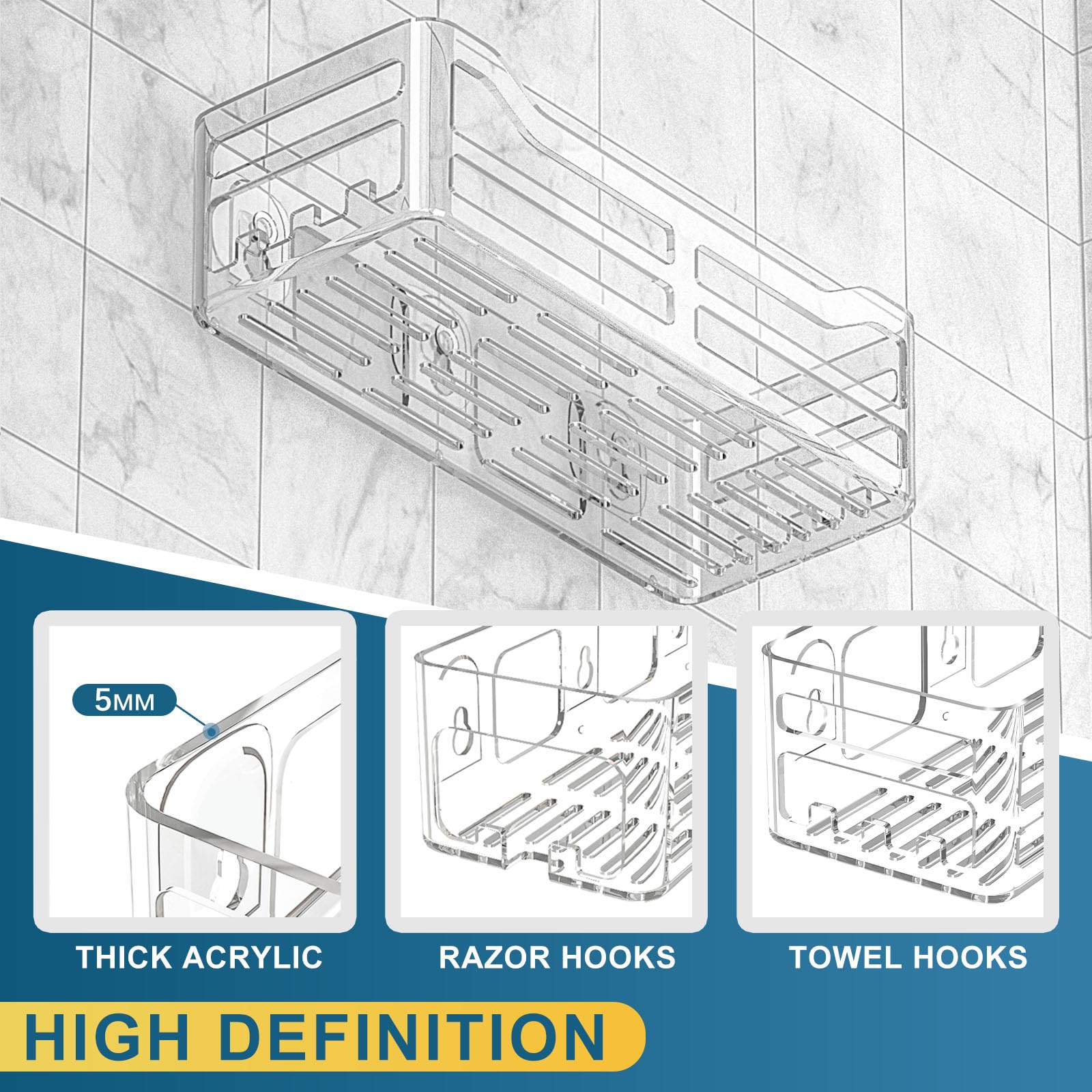 Premium Acrylic Shower Caddy with Hooks - Wall Mounted Bathroom Storage Organizer for Shampoo, Soap & Toiletries (2 Pack) - Perfect for Small Bathrooms, Dorm Rooms & RV Showers