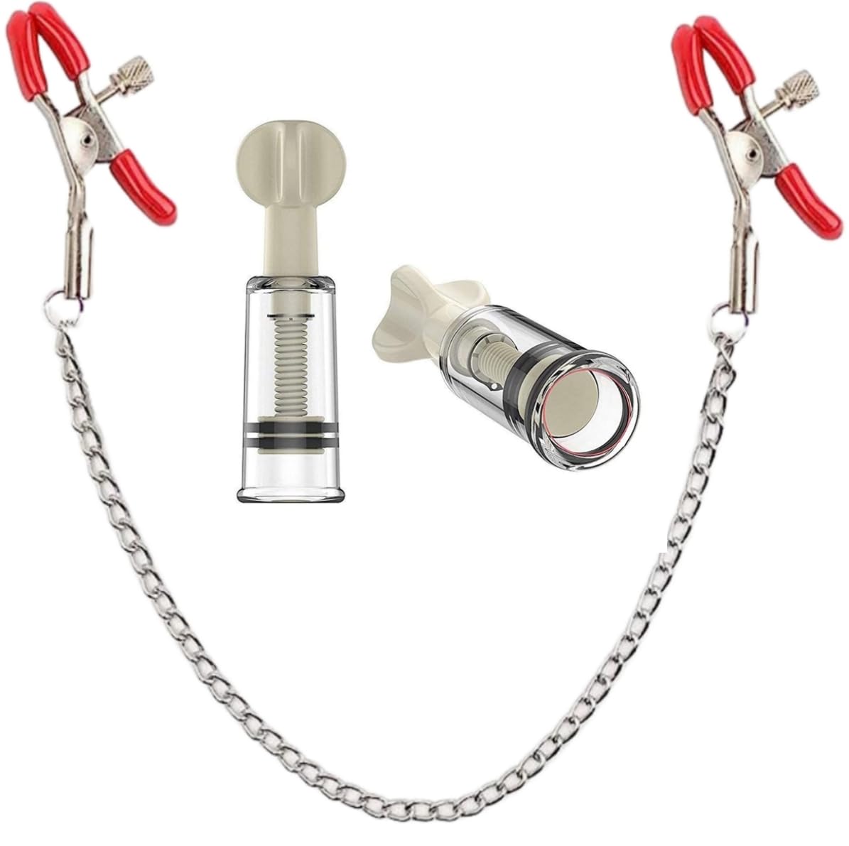 Adjustable Non-Piercing Nipple Clips & Suckers Set - Stainless Steel Body Jewelry with Chain for Women (Red) - Perfect for Sensual Play, BDSM and Intimate Accessories