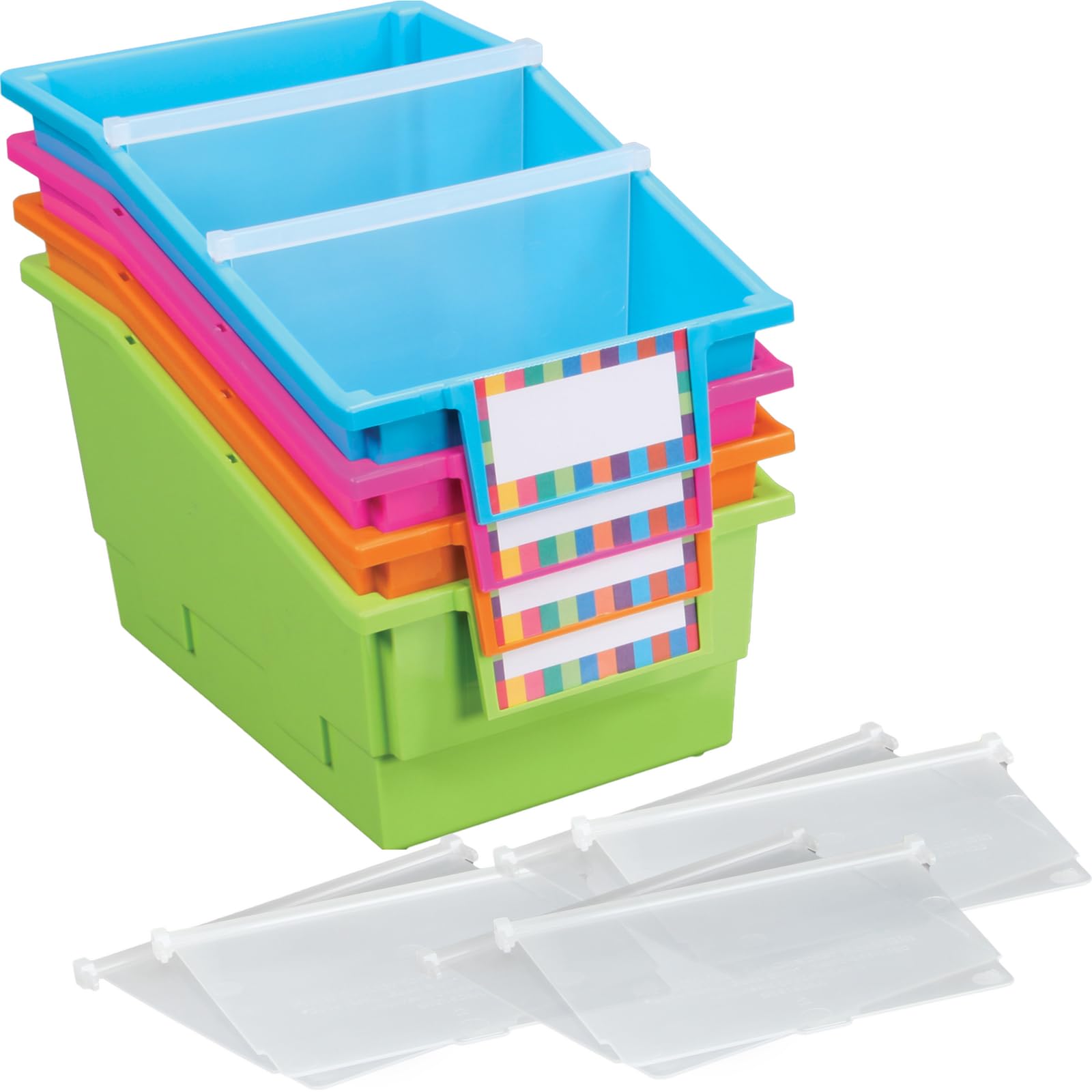 Really Good Stuff Chapter Book Library Bins with Dividers - 4 Pack Neon Plastic Shelf Organizer (8.75