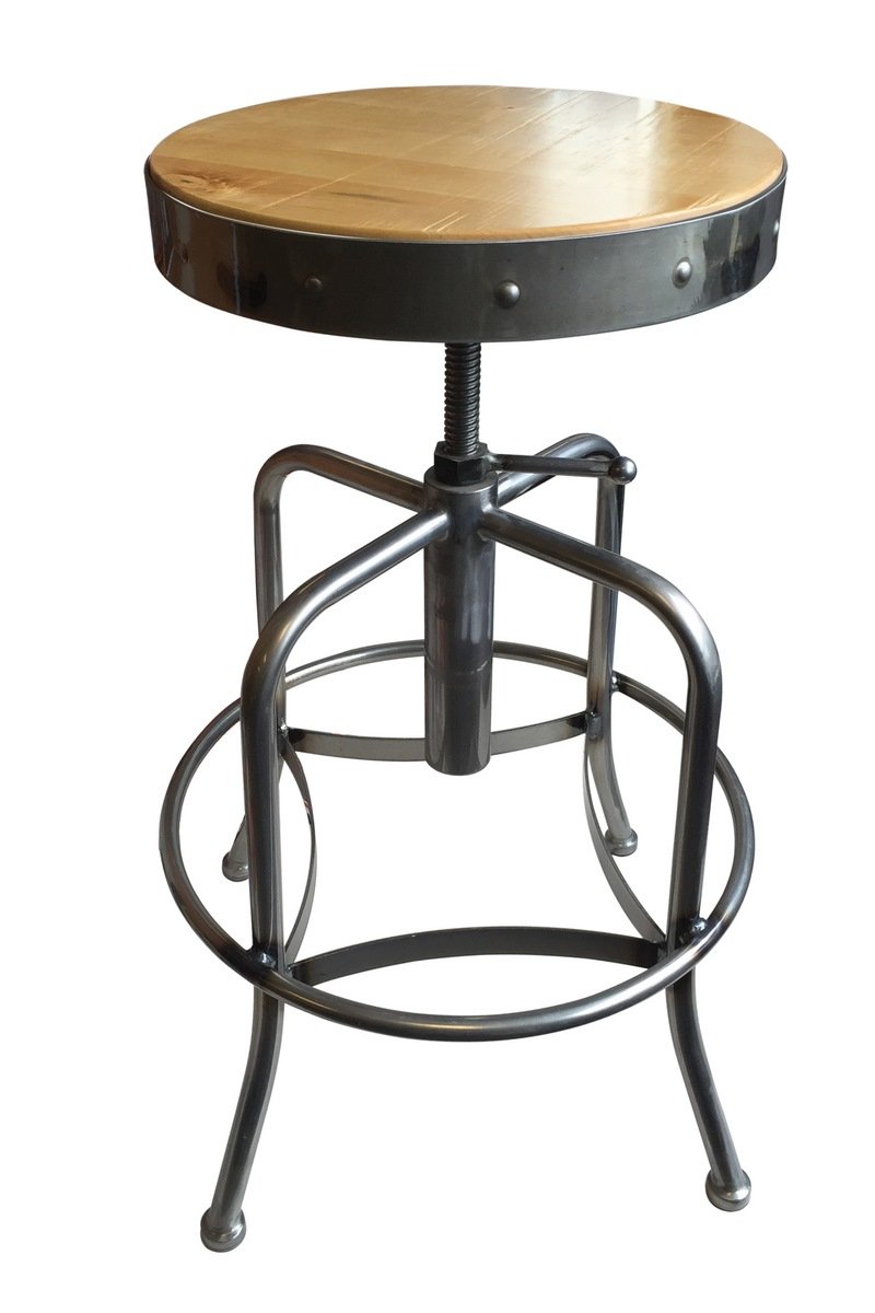 Adjustable Industrial Stool with Clear Coat Finish & Distressed Hardwood Seat - Heavy Duty Bar Stool for Workshop, Garage, or Home Office