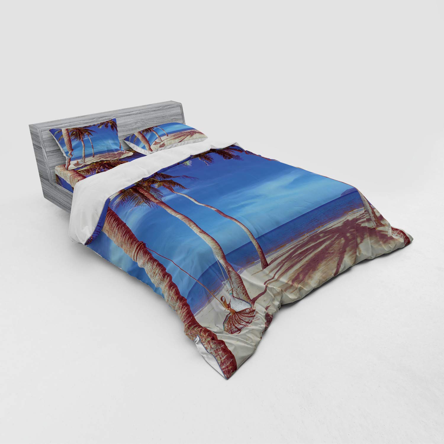 Ambesonne Tropical Beach Duvet Cover Set - 4 Piece Queen Size Bedding with Shams & Fitted Sheet, Navy Cream Green Palm Tree Ocean Hammock Design | Perfect for Summer Bedroom Decor, Coastal Theme Guest Room, Vacation Home & Beach House Styling