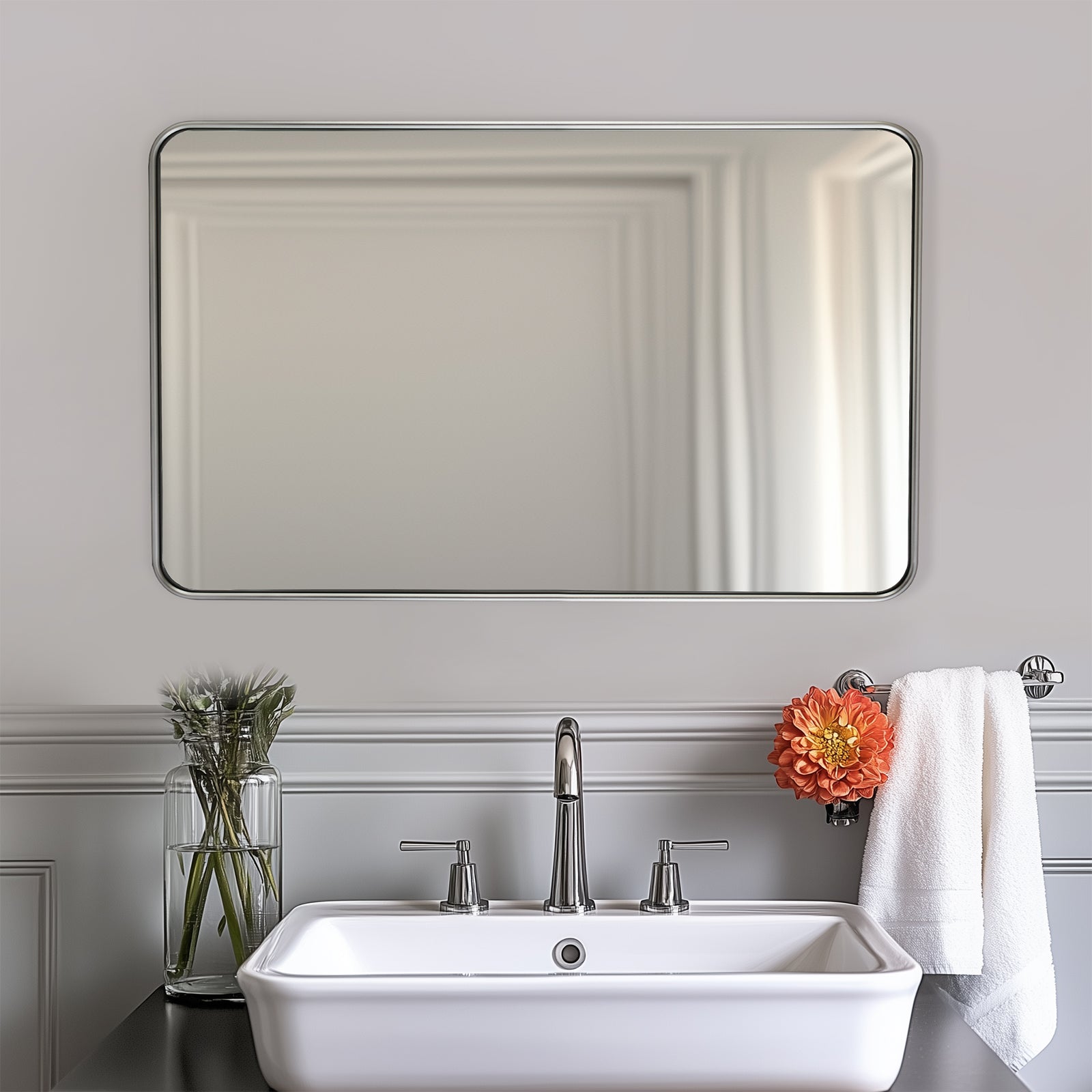Modern Rounded Rectangular Bathroom Wall Mirror with Aluminum U-Tube Frame - Perfect for Vanity, Powder Room, and Contemporary Home Decor